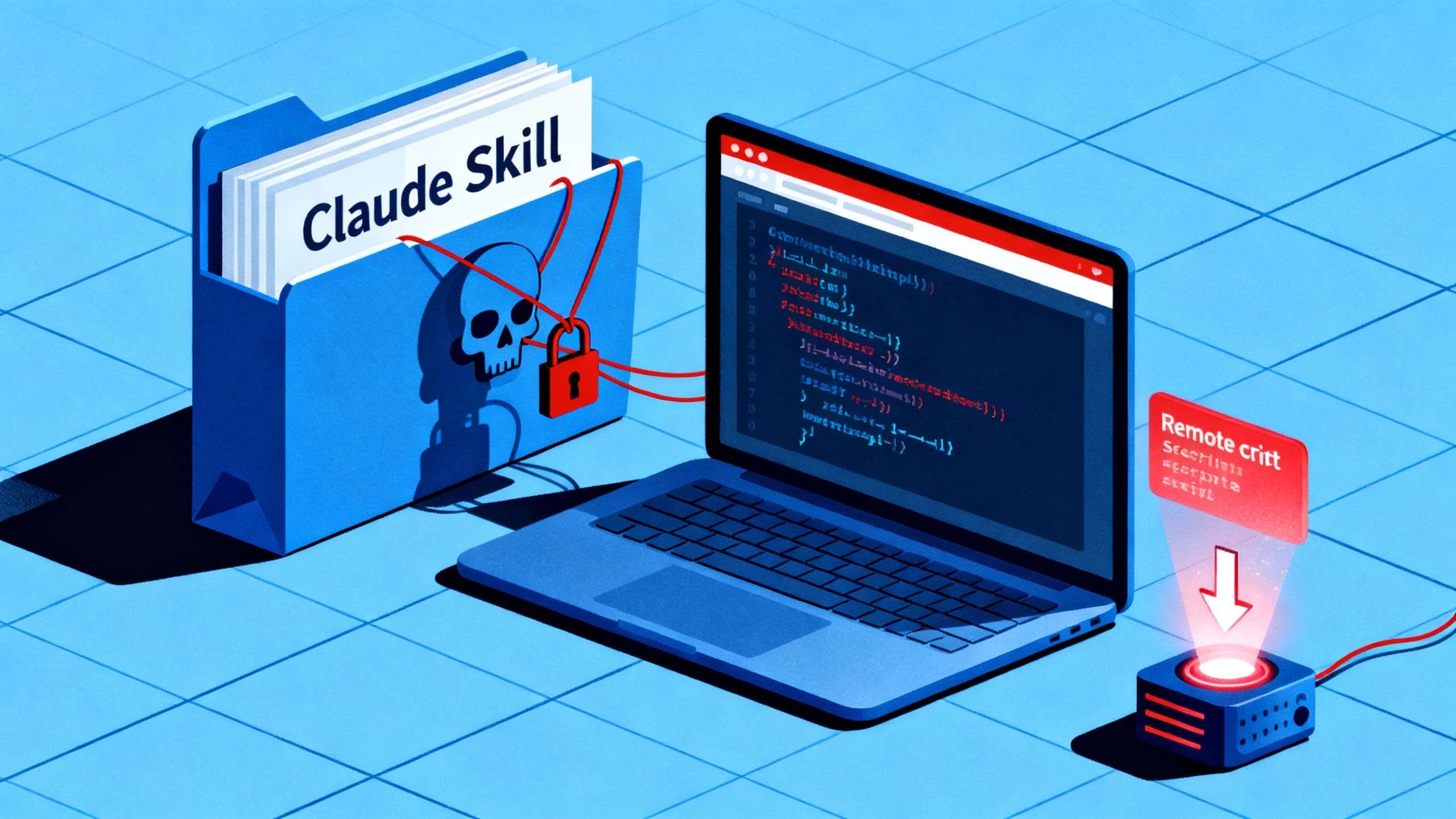 A benign-looking folder labeled ‘Claude Skill’ with clean code in front, casting a long shadow that reveals ransomware code and a skull icon; subtle UI nods to Claude Code and a download arrow pulling in a remote script