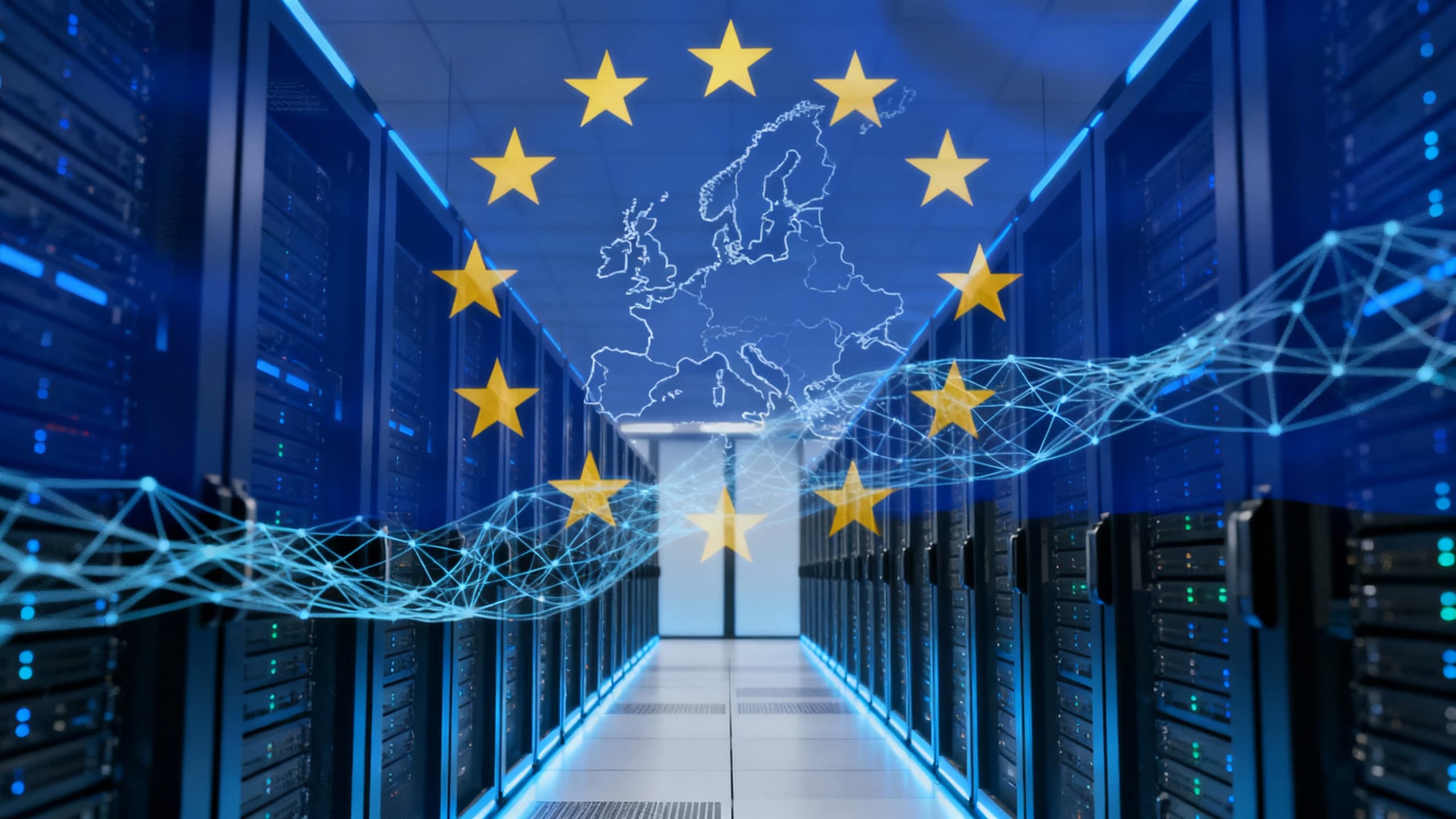 Abstract view of a European data center overlaid with the EU stars and a subtle AI neural network pattern