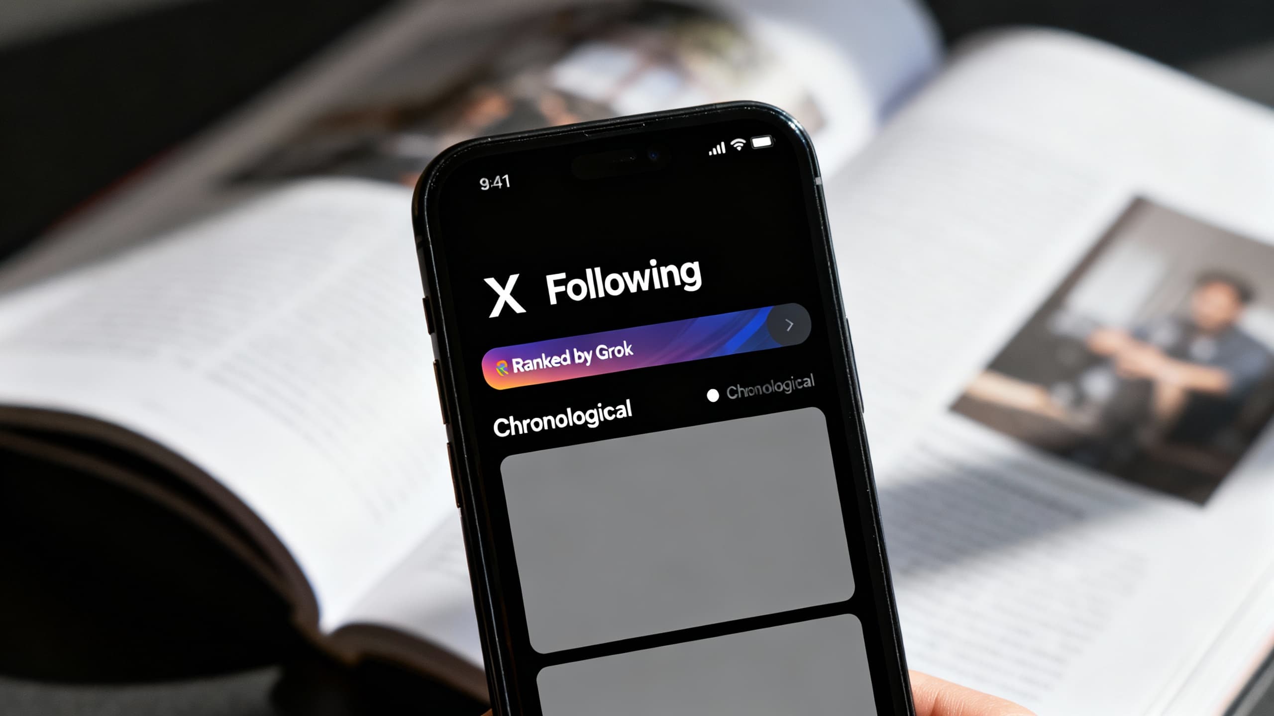 Phone screen mock illustrating the X app’s Following tab with a Grok-ranked banner and a three-dots menu to switch to chronological