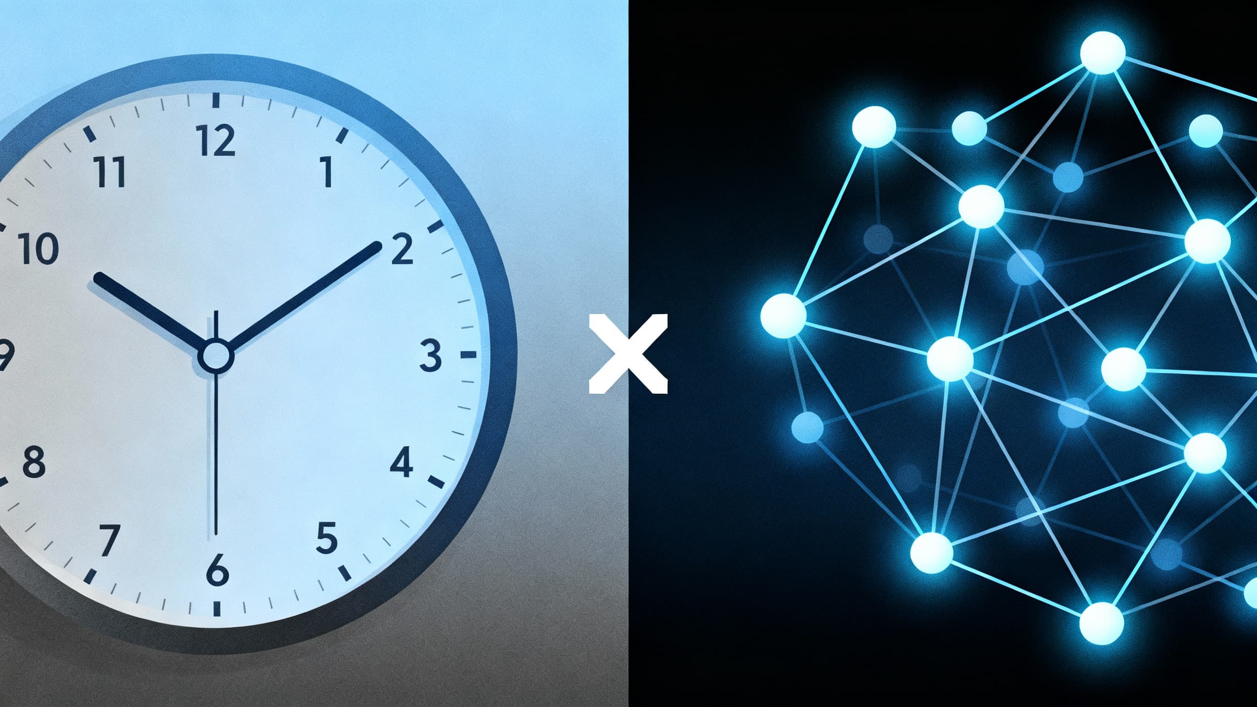 Concept art showing a split between a clock (chronology) and a neural network (AI) over the X logo