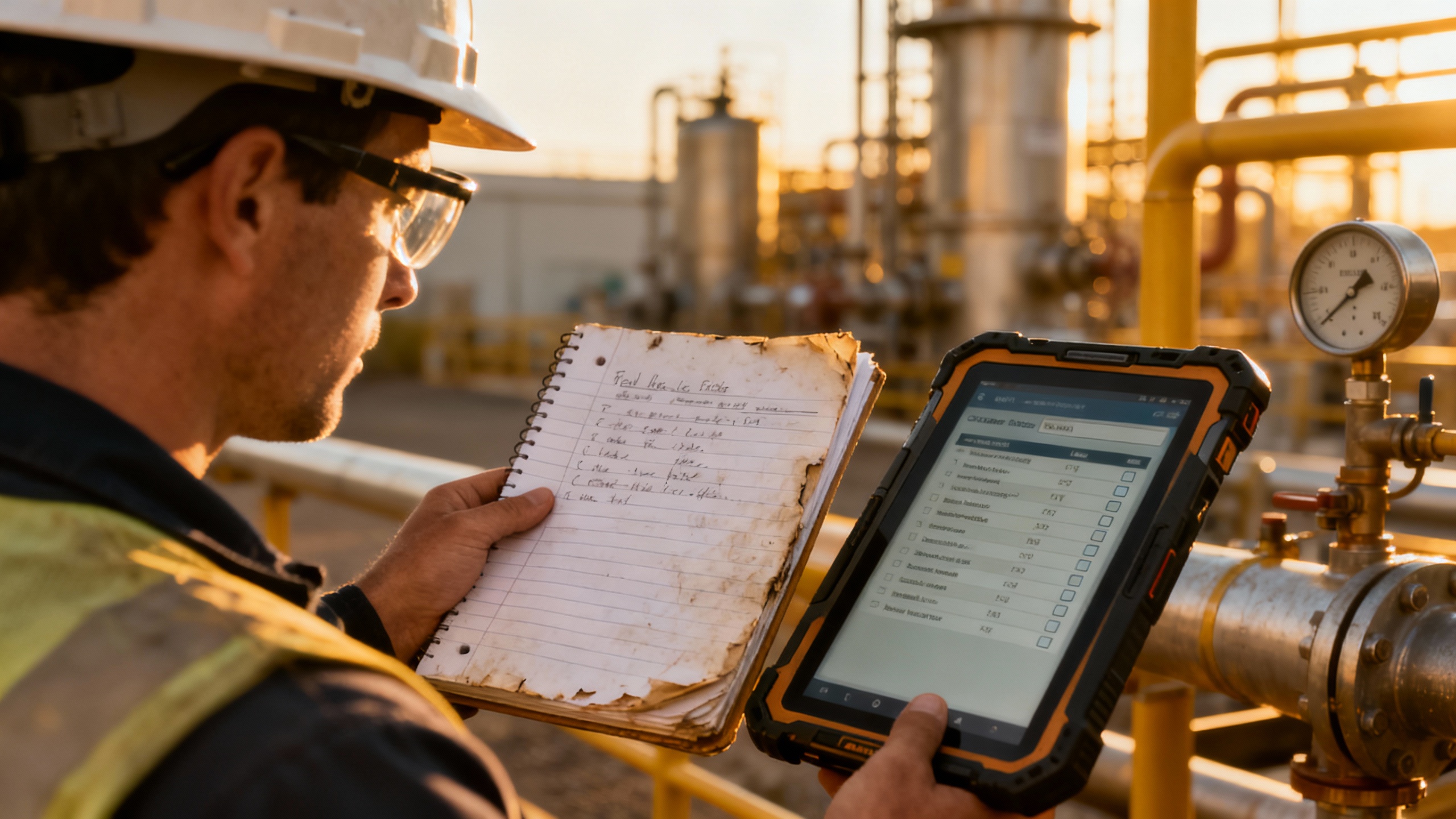 Technician on-site reviewing a worn field notebook beside a tablet showing a digital checklist in an industrial setting