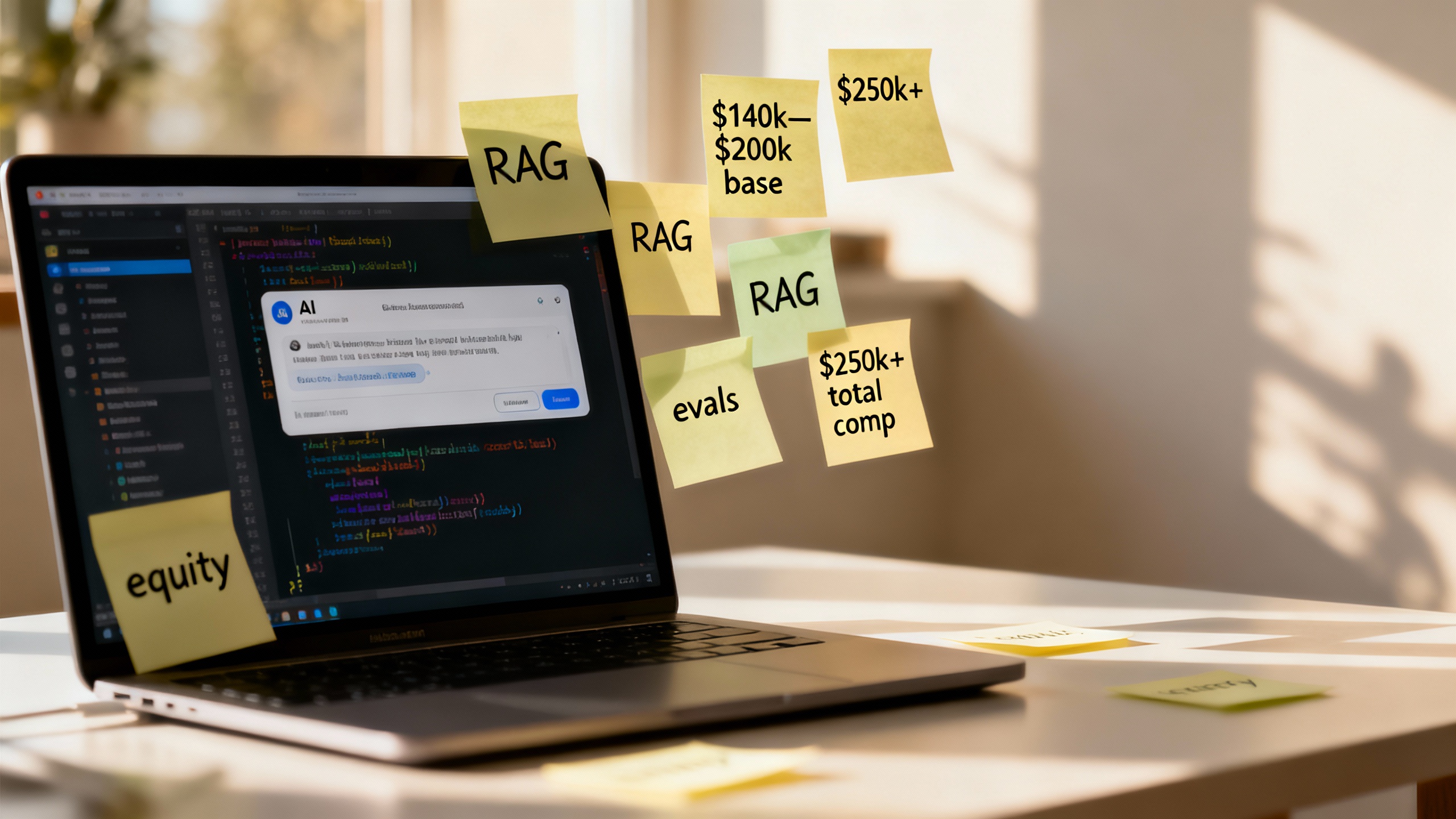 Modern desk with laptop and sticky notes showing salary ranges and compensation components