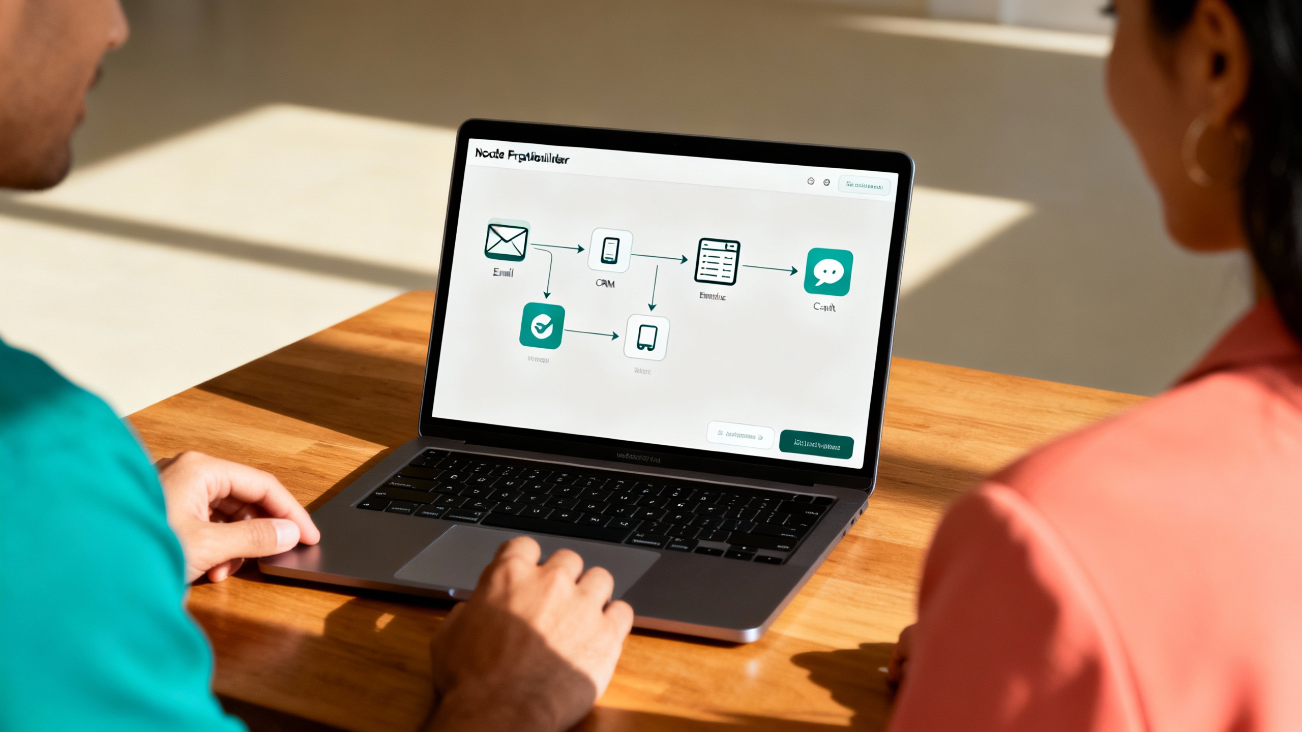 Small business team collaborating around a laptop with a simple workflow canvas connecting common business apps.