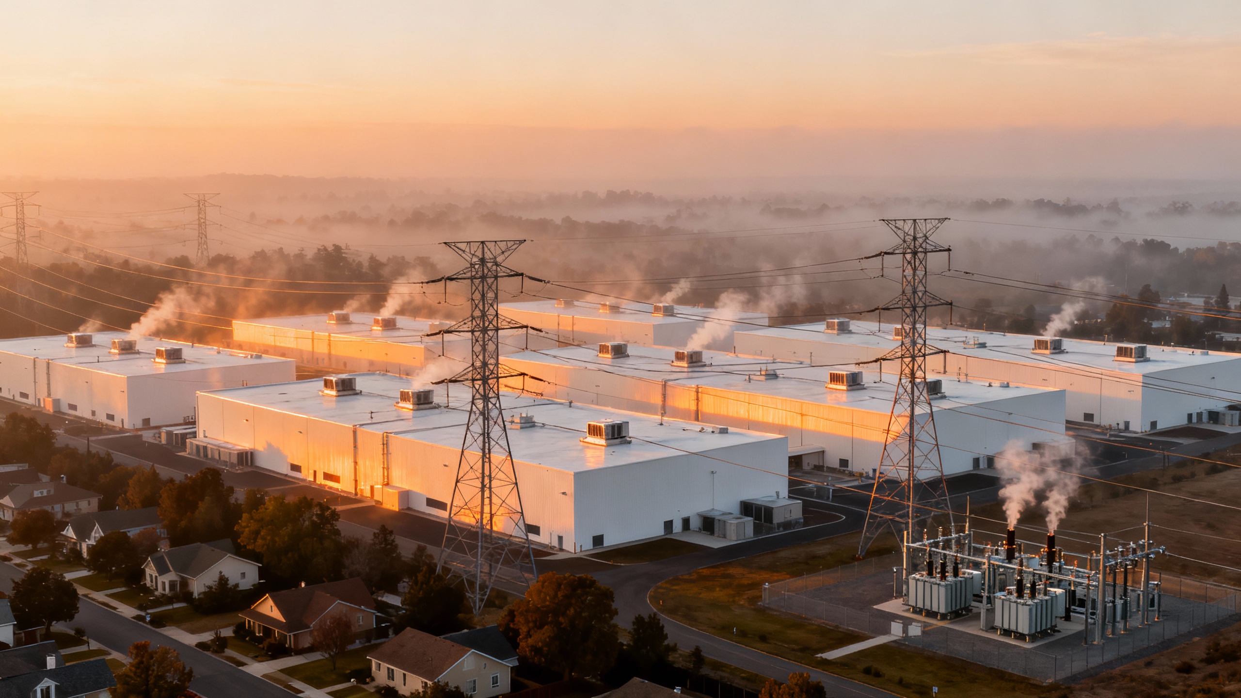 Aerial view of a massive U.S. data center campus with high-voltage lines, cooling units, and nearby neighborhoods, under a hazy sunrise sky.
