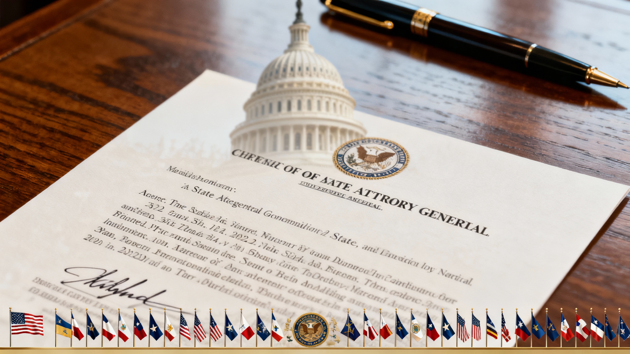 A desk with a formal letter signed by many attorneys general, the U.S. Capitol in the background, and state flags in the foreground