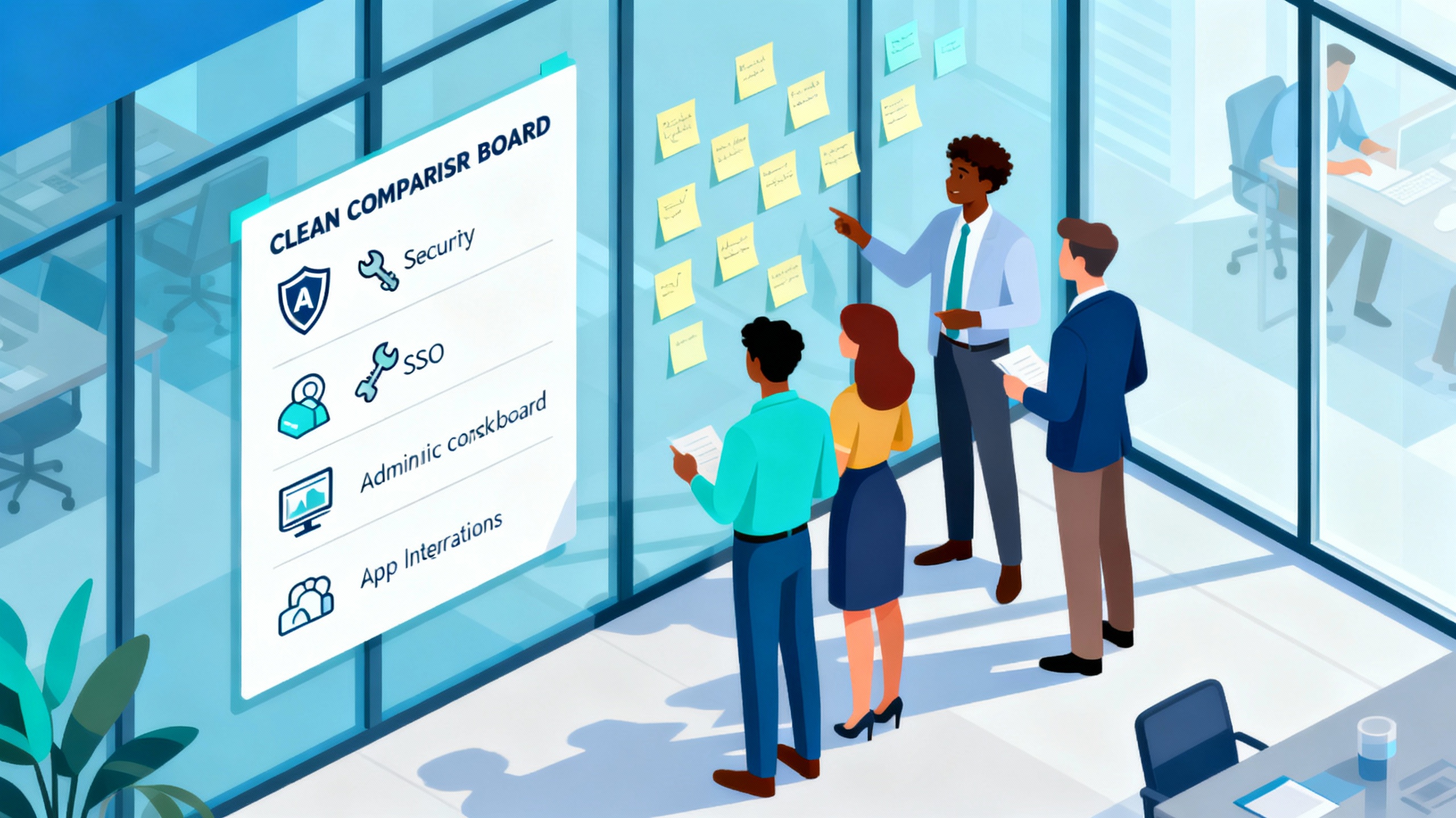 Modern enterprise team reviewing a comparison of business AI assistants on a glass wall, with icons for security, SSO, and admin controls, in a clean, isometric style