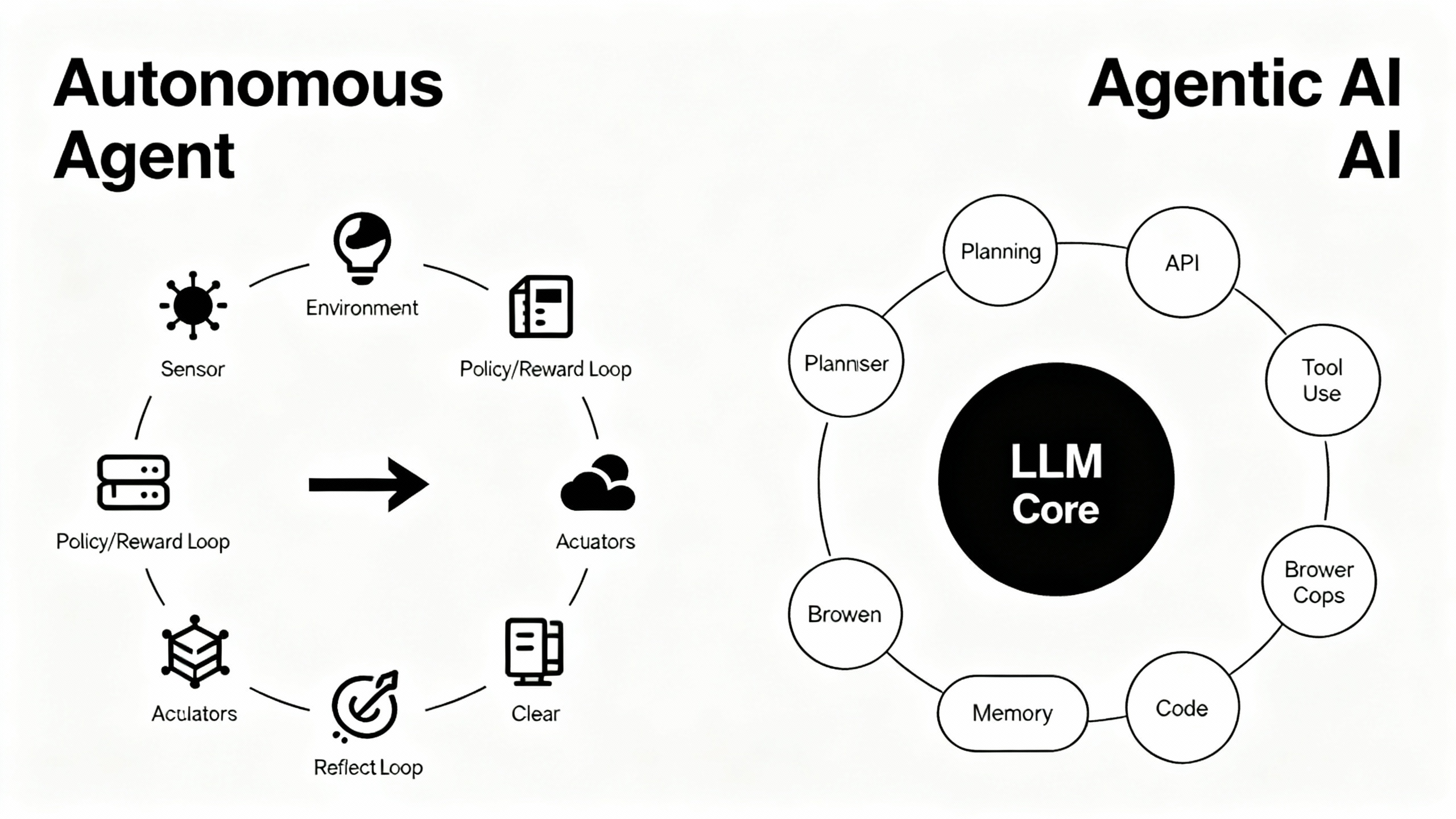Side-by-side diagram contrasting autonomous agents with agentic AI, showing sensors/actuators and reward loops on one side, and LLM planning, tool-use, and reflection loops on the other.