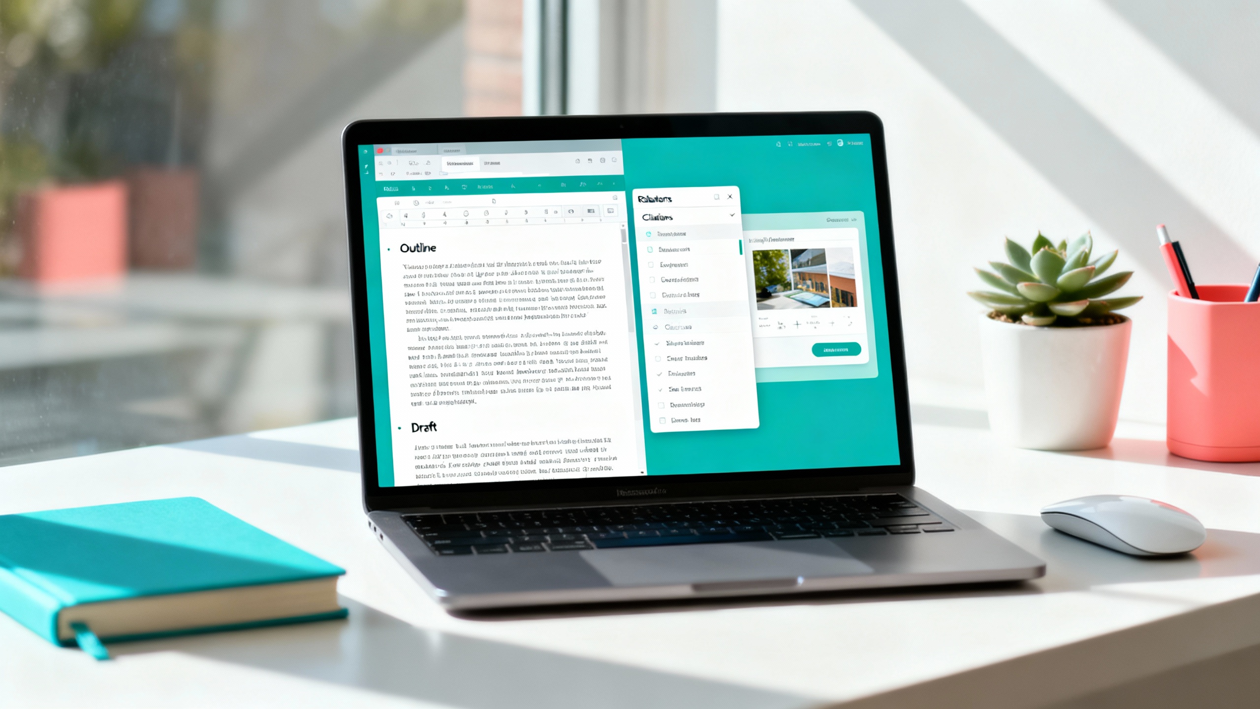A modern workspace with multiple AI tools open on a laptop—text drafts, image generation, and research sidebars—clean, bright, approachable.