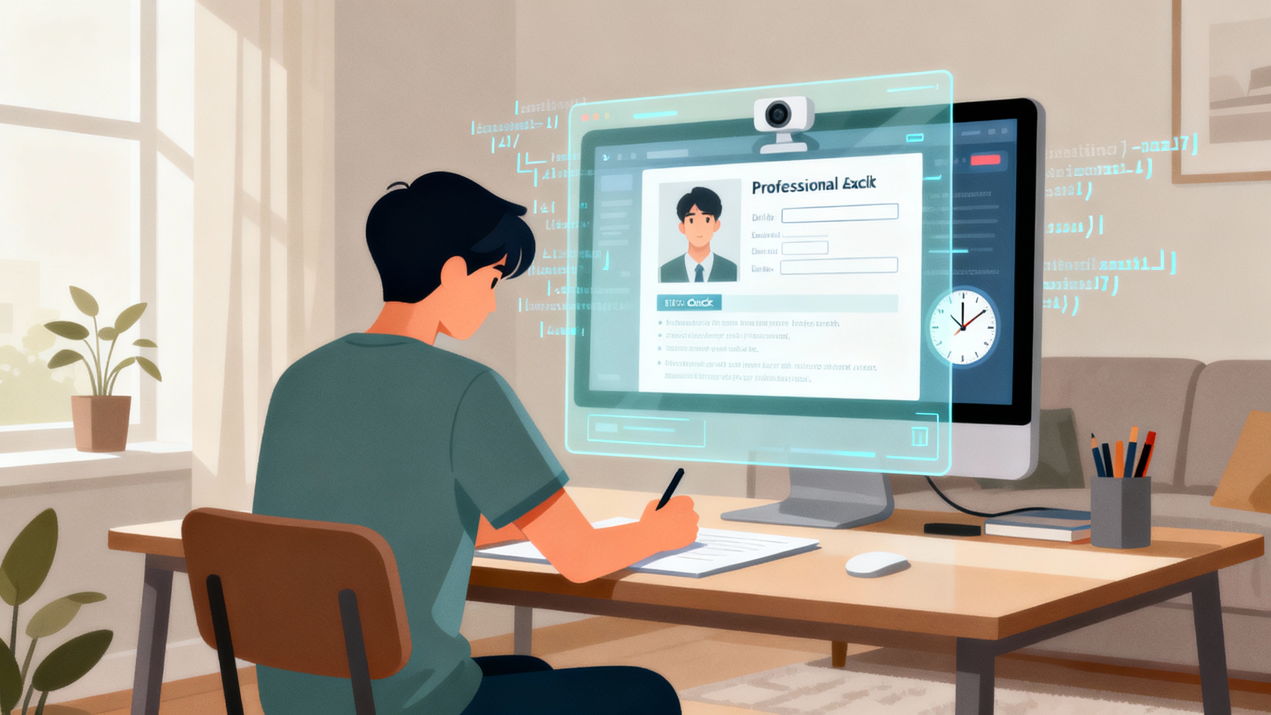 A laptop-based home exam scene with an on-screen proctoring overlay and a subtle AI code motif fading into the background, conveying tension between convenience and exam integrity