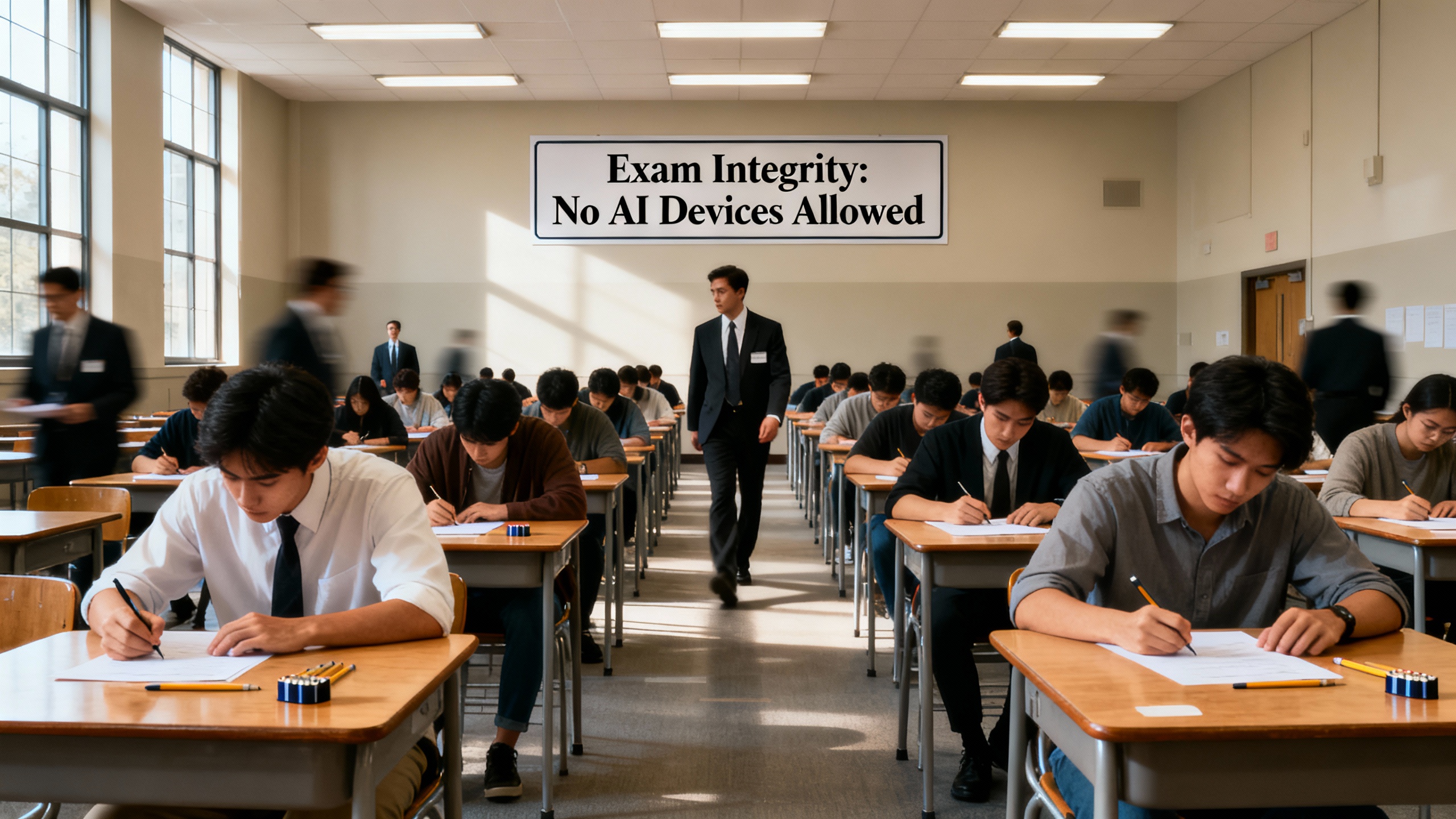 Wide exam hall with candidates at desks, signage emphasizing exam integrity and no-AI devices, proctors supervising; bright, neutral tone