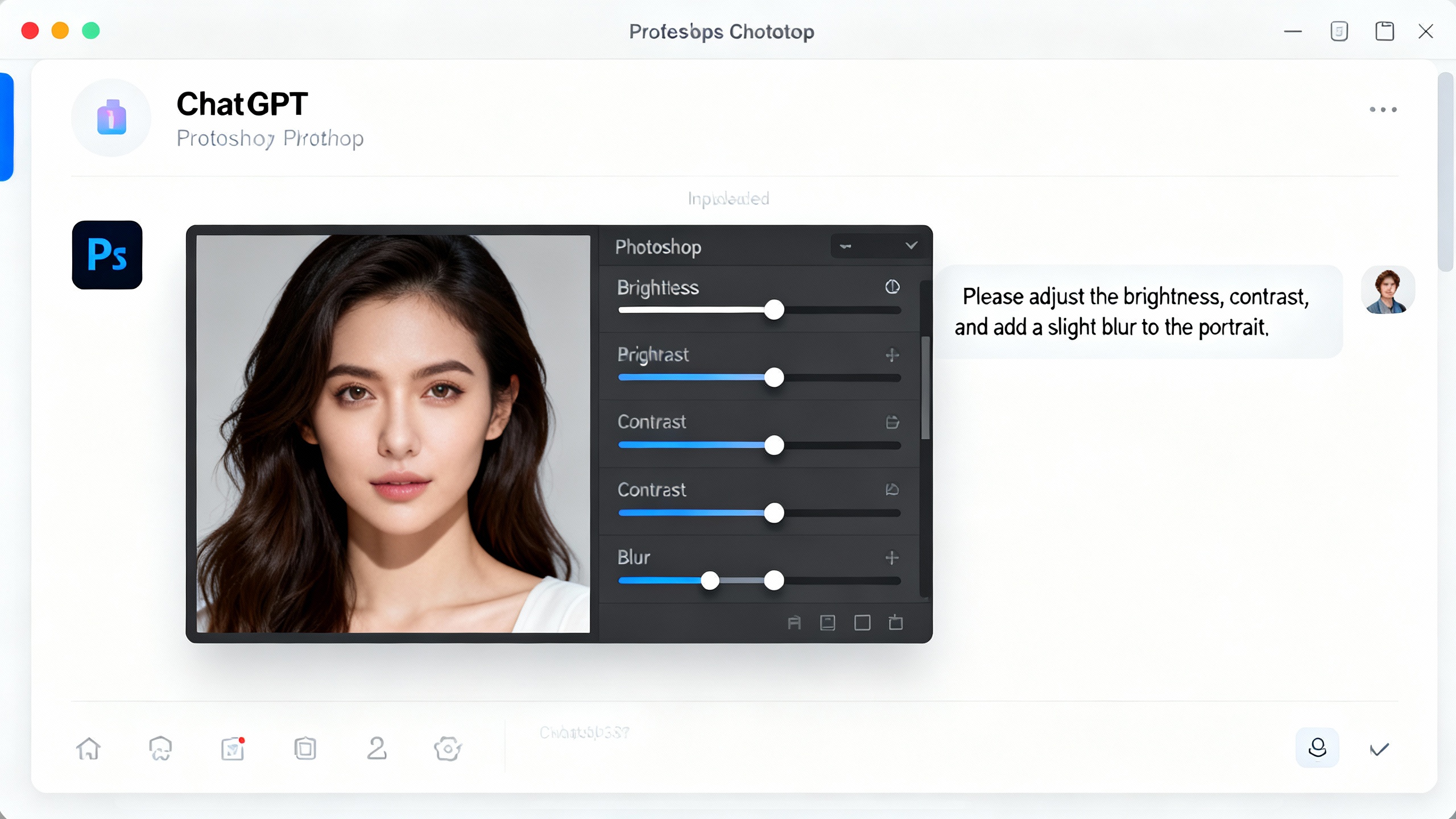 ChatGPT window showing an image upload and Photoshop-style sliders for brightness and blur, alongside a chat instruction that triggered the edit