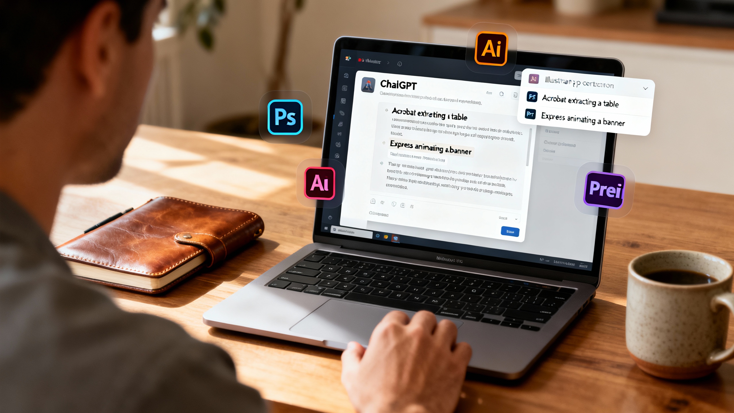 A marketer’s desk with ChatGPT on a laptop orchestrating Express design edits and Acrobat table extraction, representing a fast, multi-step workflow in one chat