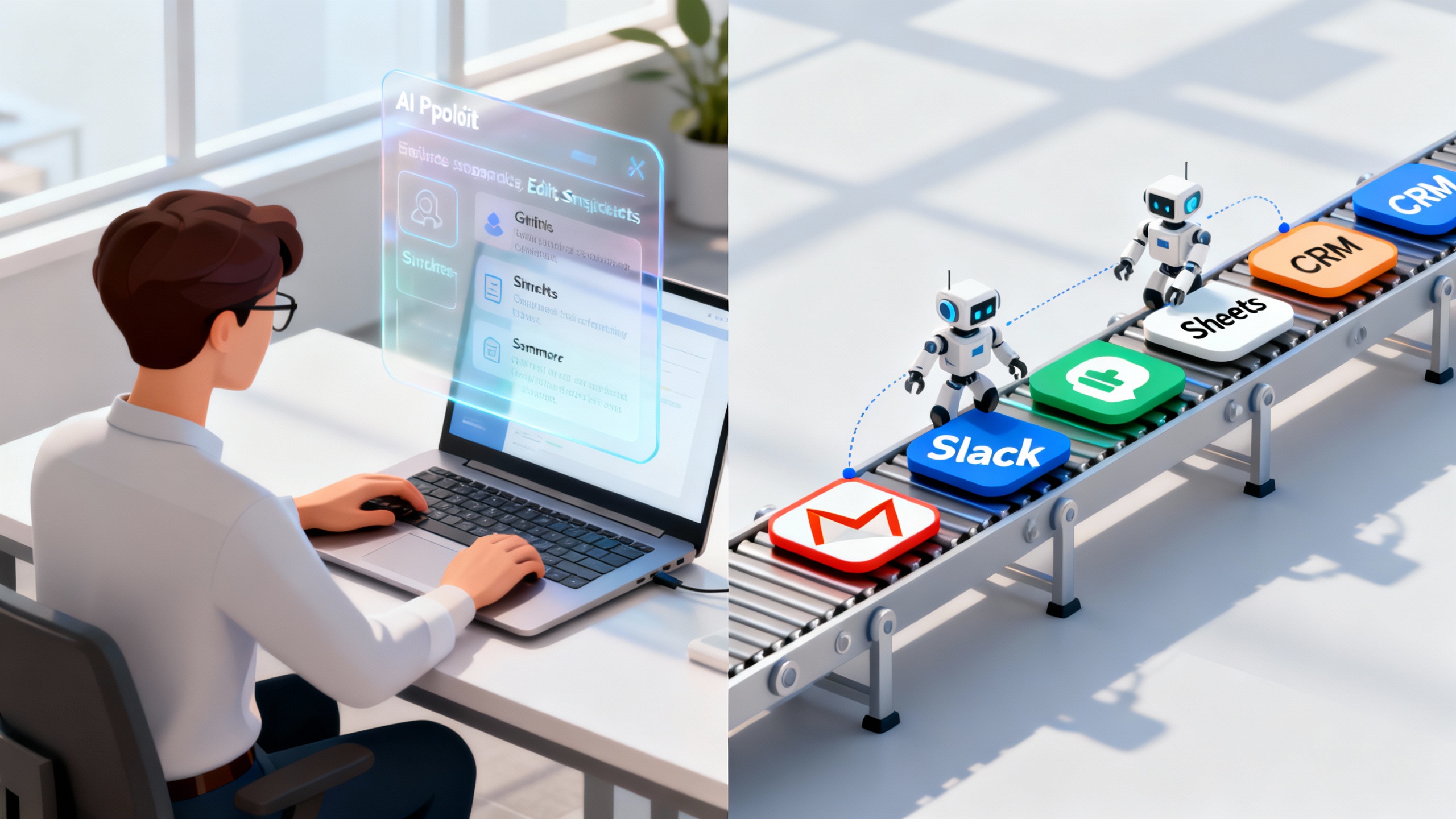 Side-by-side: an AI copilot assisting a knowledge worker, and a conveyor of app icons connected by automation bots