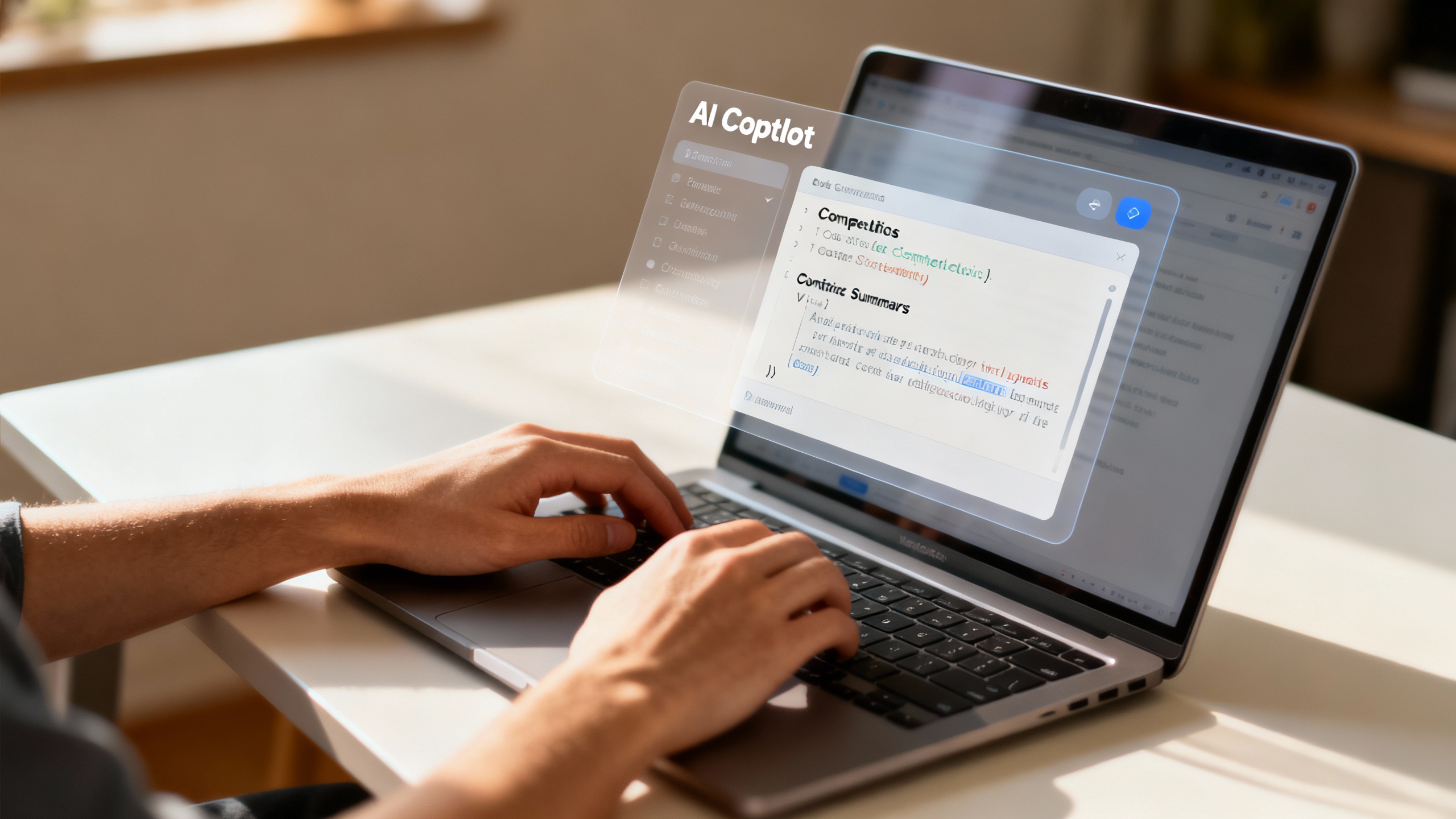 A modern desk scene showing a professional working with an AI copilot overlay gently suggesting completions and summaries.
