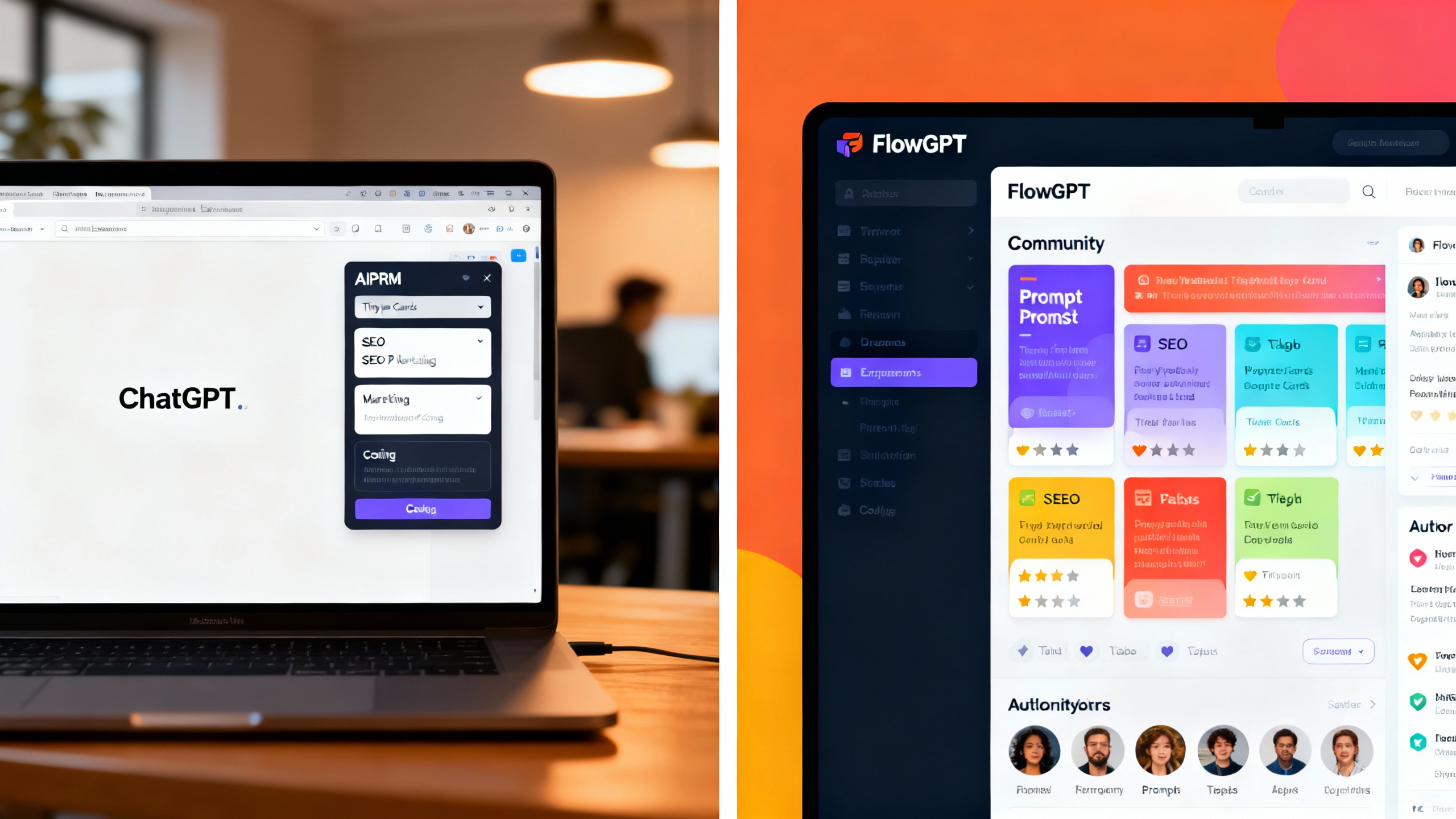 Split-screen concept: AIPRM embedded in ChatGPT on the left, FlowGPT community library on the right, both showing curated prompt cards and categories