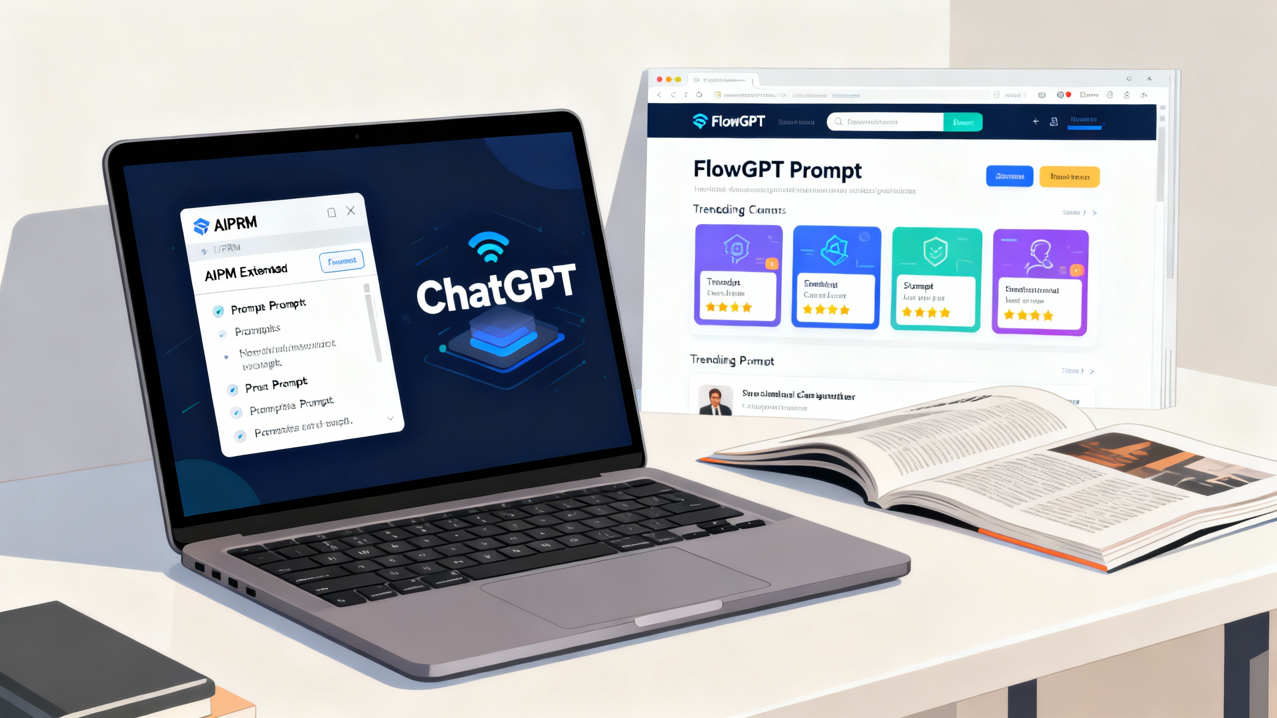 Split-screen editorial illustration: AIPRM prompt list embedded inside a ChatGPT window on the left, FlowGPT website with trending prompts on the right; modern, clean UI on a laptop in a bright workspace
