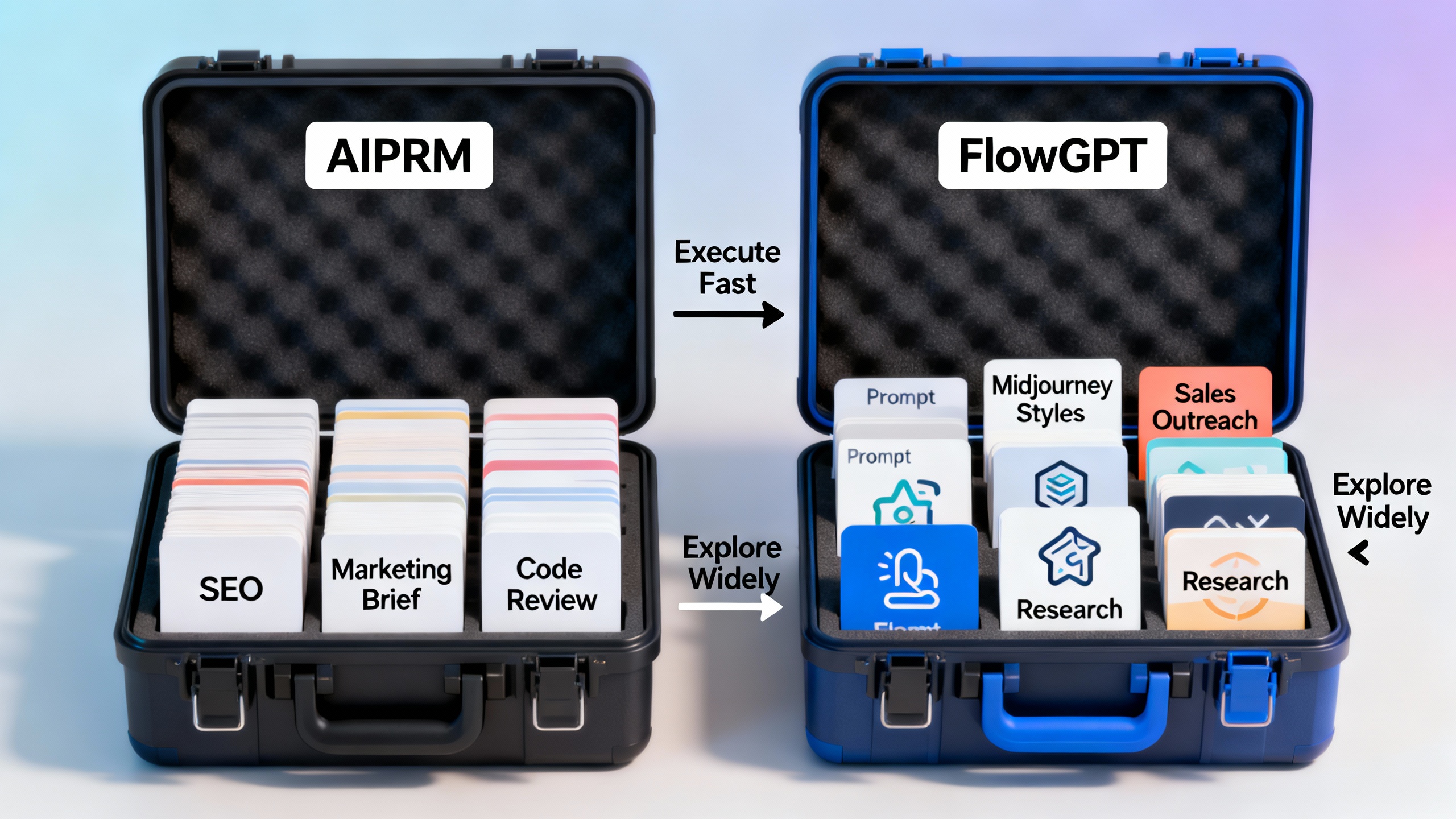 Clean editorial visual: two labeled toolboxes—AIPRM and FlowGPT—filled with prompt cards like SEO, Sales, Coding, Midjourney; arrows showing 'execute fast' vs 'explore widely'