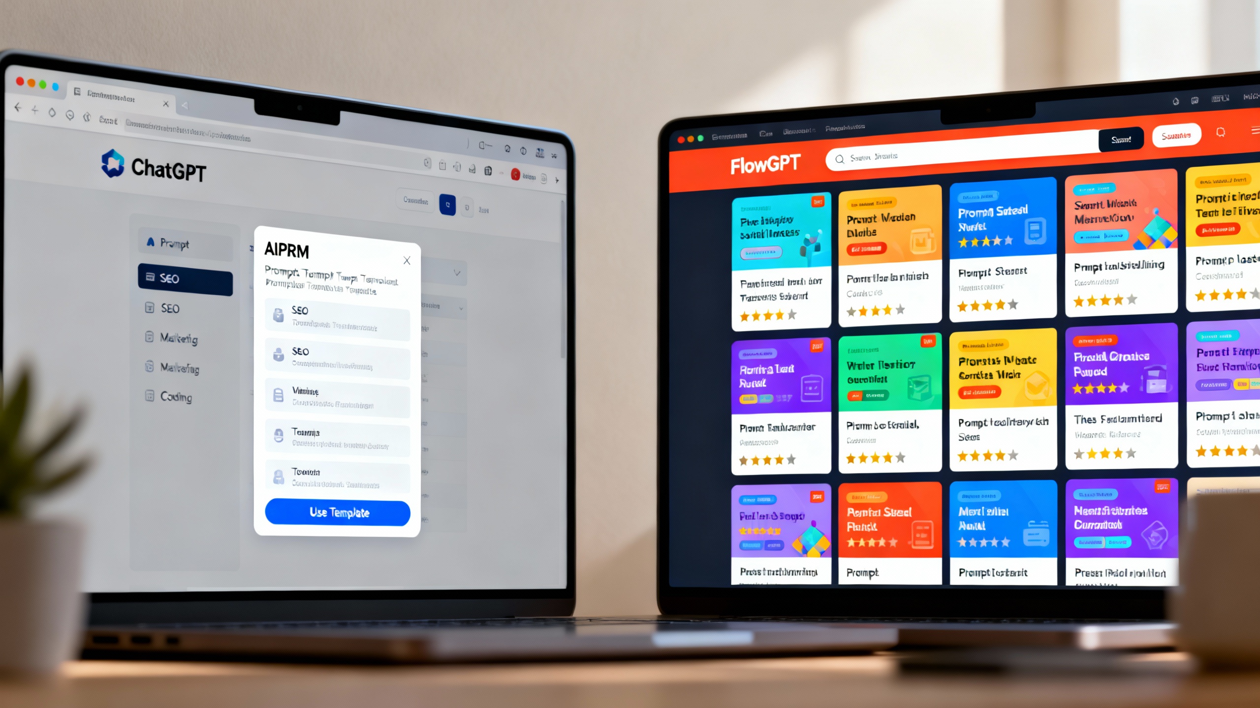 Split-screen of a browser showing AIPRM integrated into ChatGPT on the left and FlowGPT's prompt marketplace on the right