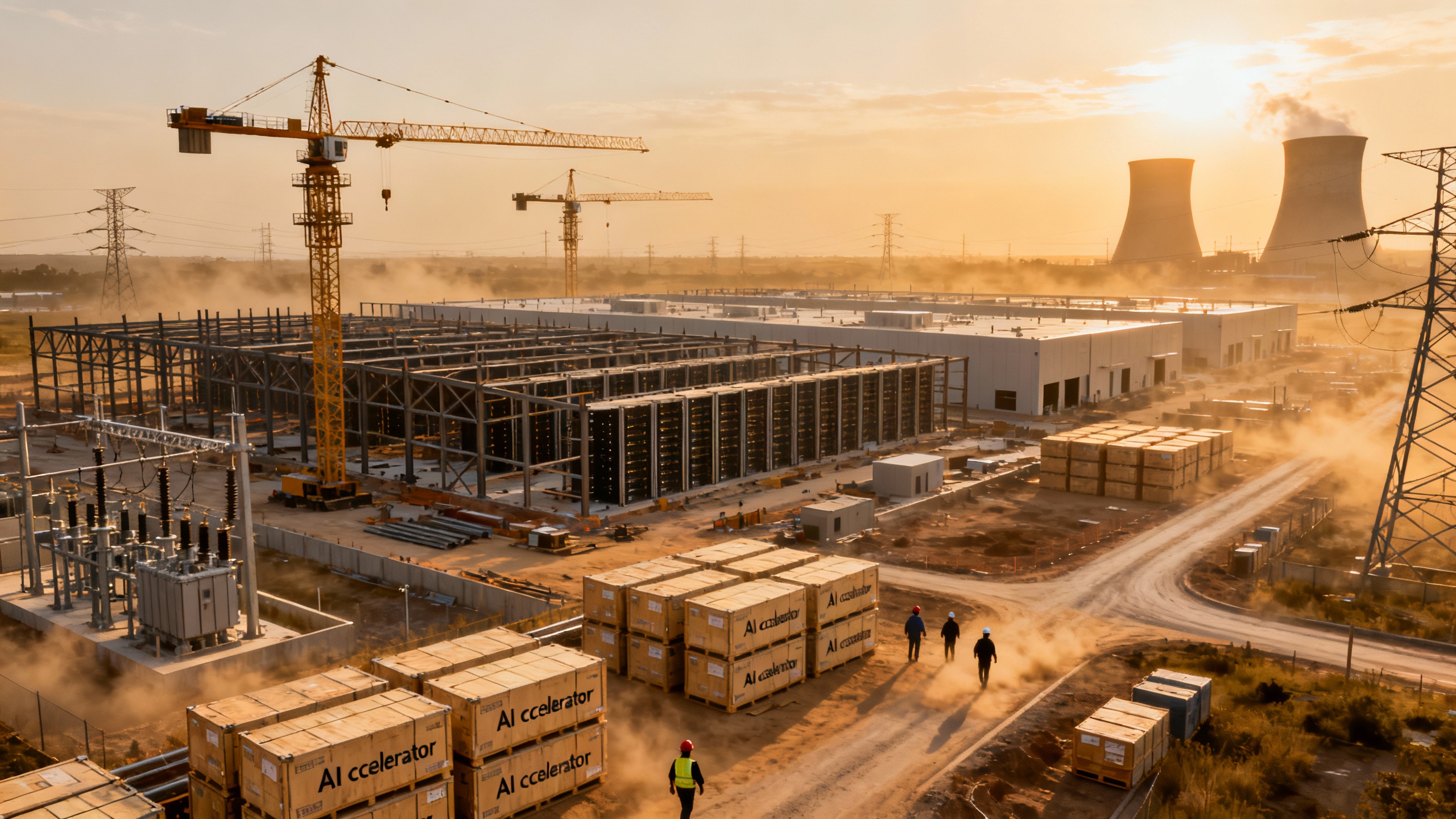 Aerial view of a sprawling AI data center campus under construction with power substations and high-voltage lines