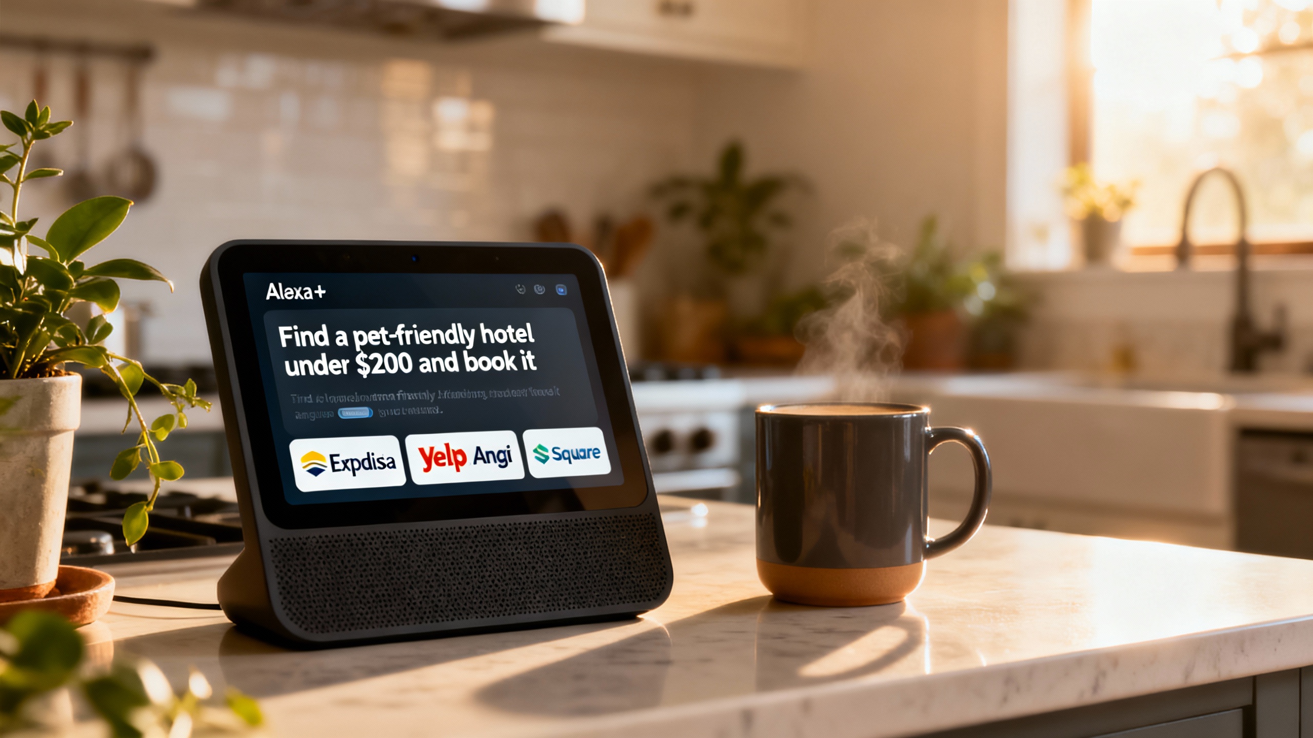 Alexa+ with Expedia, Yelp, Angi and Square logos, showing a conversational booking flow on an Echo Show