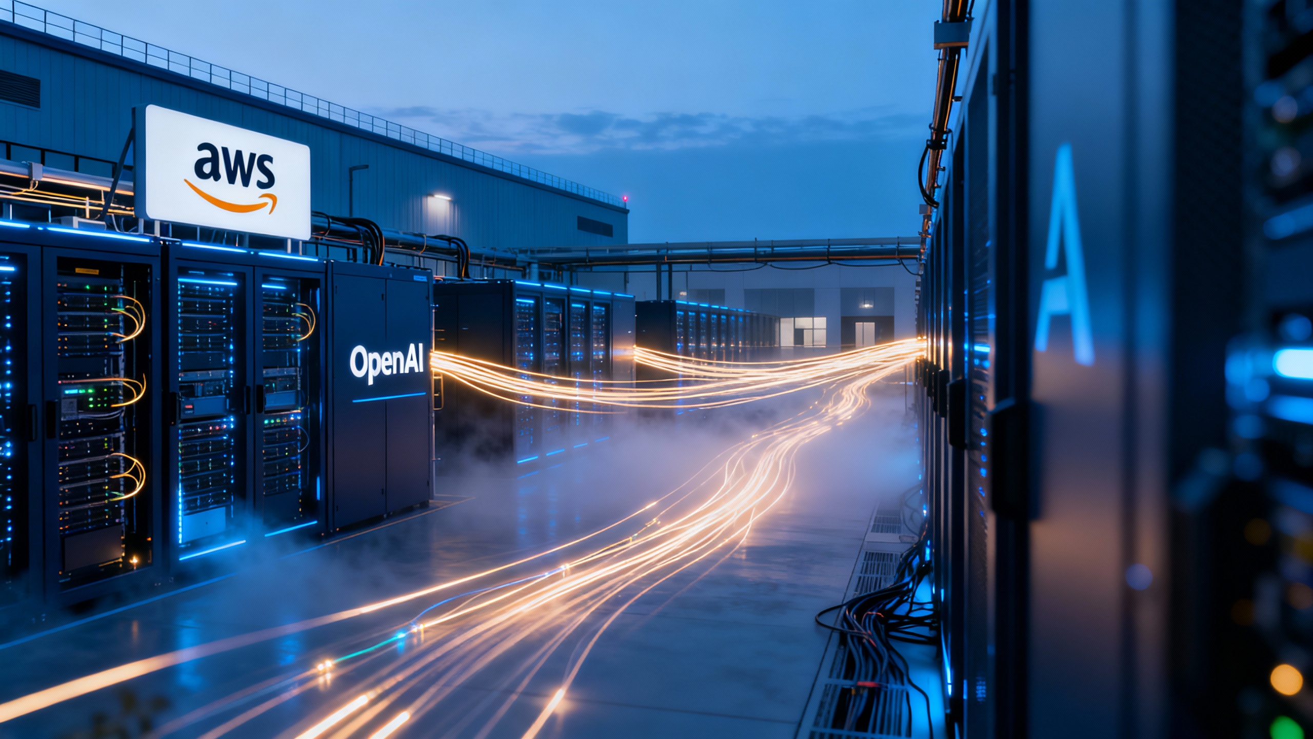 Aerial of a modern hyperscale data center campus at dusk, with subtle Amazon and OpenAI branding motifs and glowing network lines connecting buildings