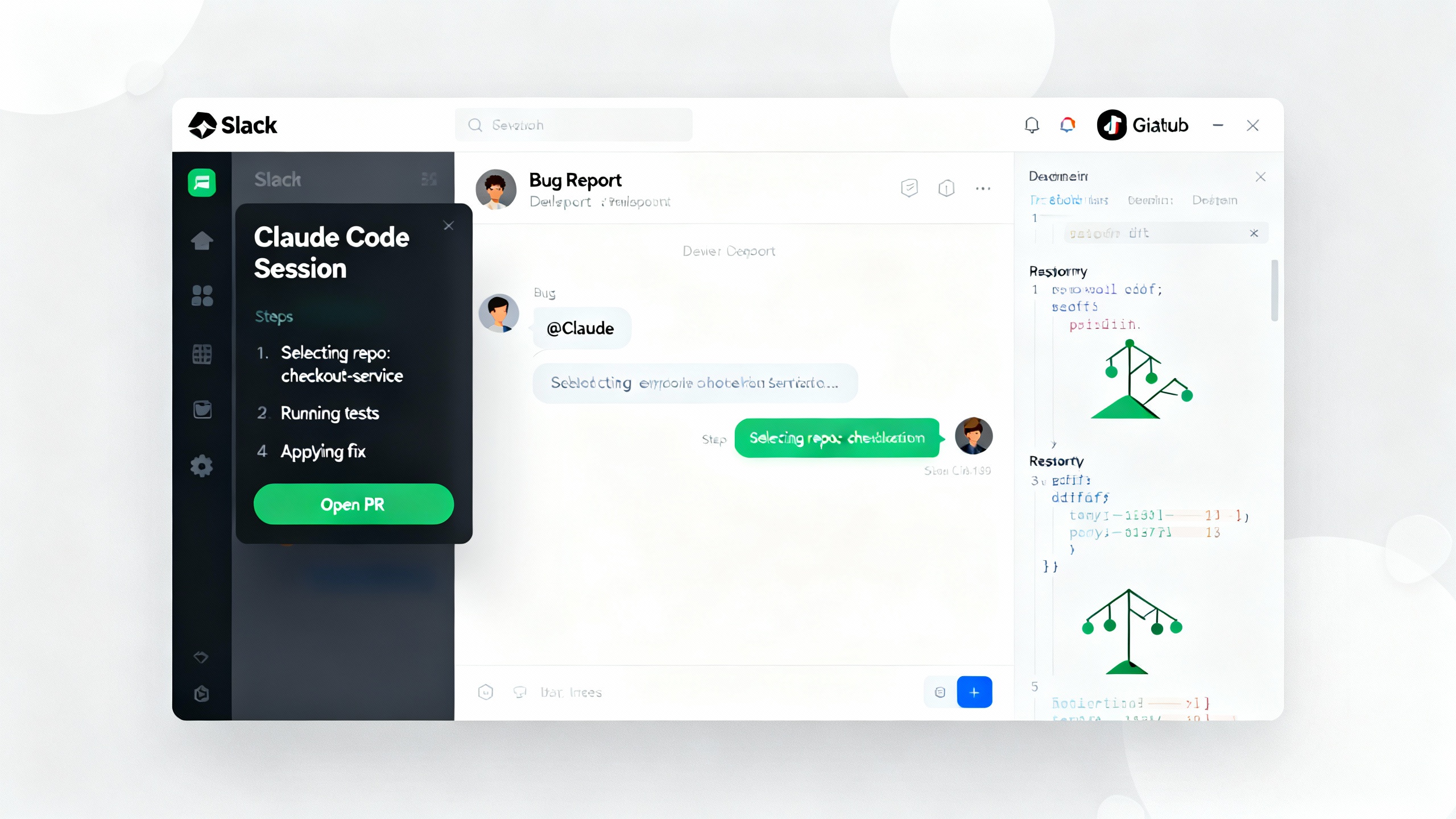A Slack-style chat thread where a developer mentions @Claude to fix a bug. A side panel shows the agent selecting a GitHub repo, posting status updates, and an 'Open PR' button when done.