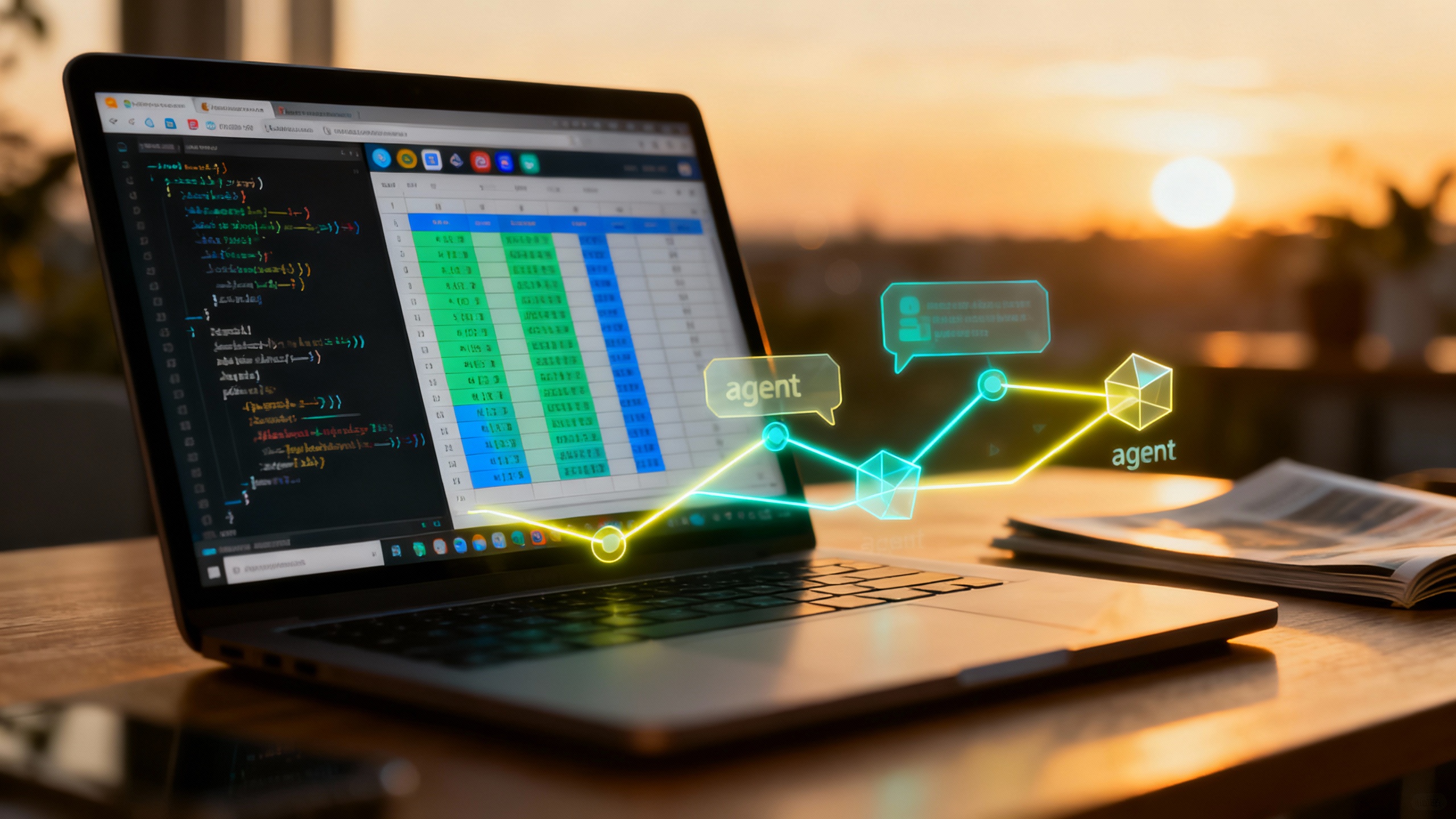 Conceptual hero image of a modern workspace where an AI orchestrates code generation and spreadsheet modeling across a browser and Excel window, with subtle visual cues for agents collaborating on tasks.