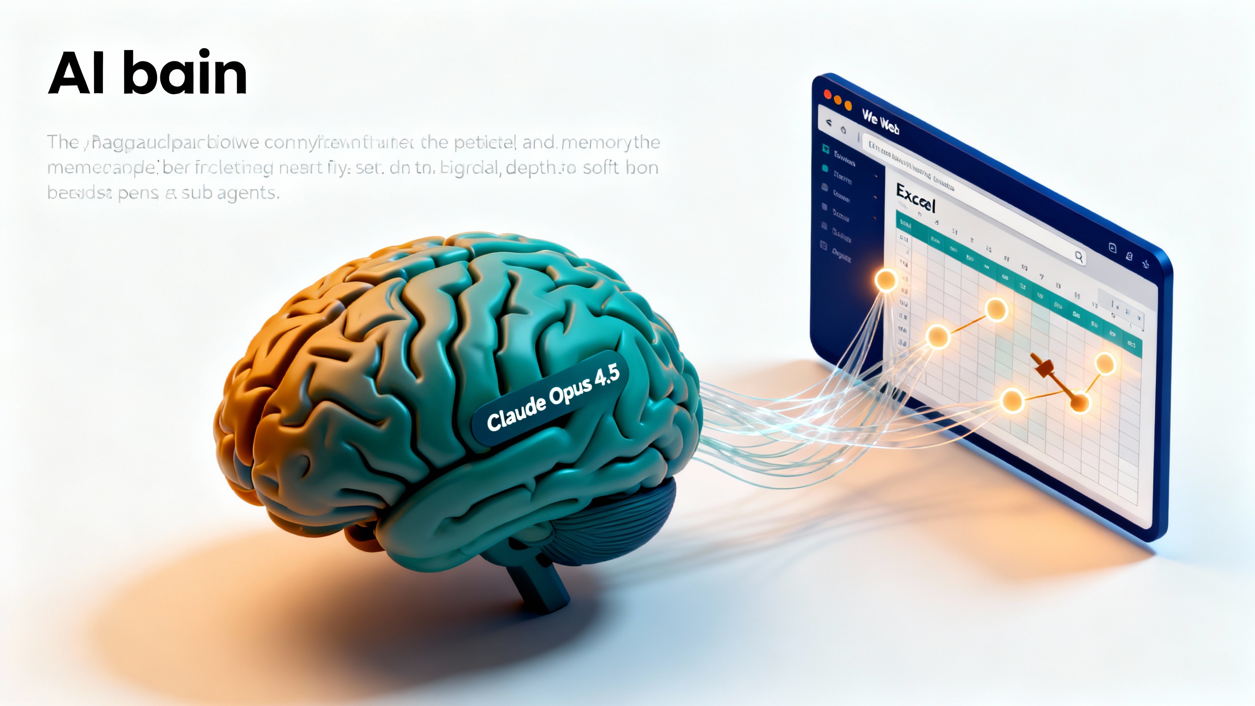 Concept illustration of Claude Opus 4.5 with memory threads connecting to a browser and a spreadsheet