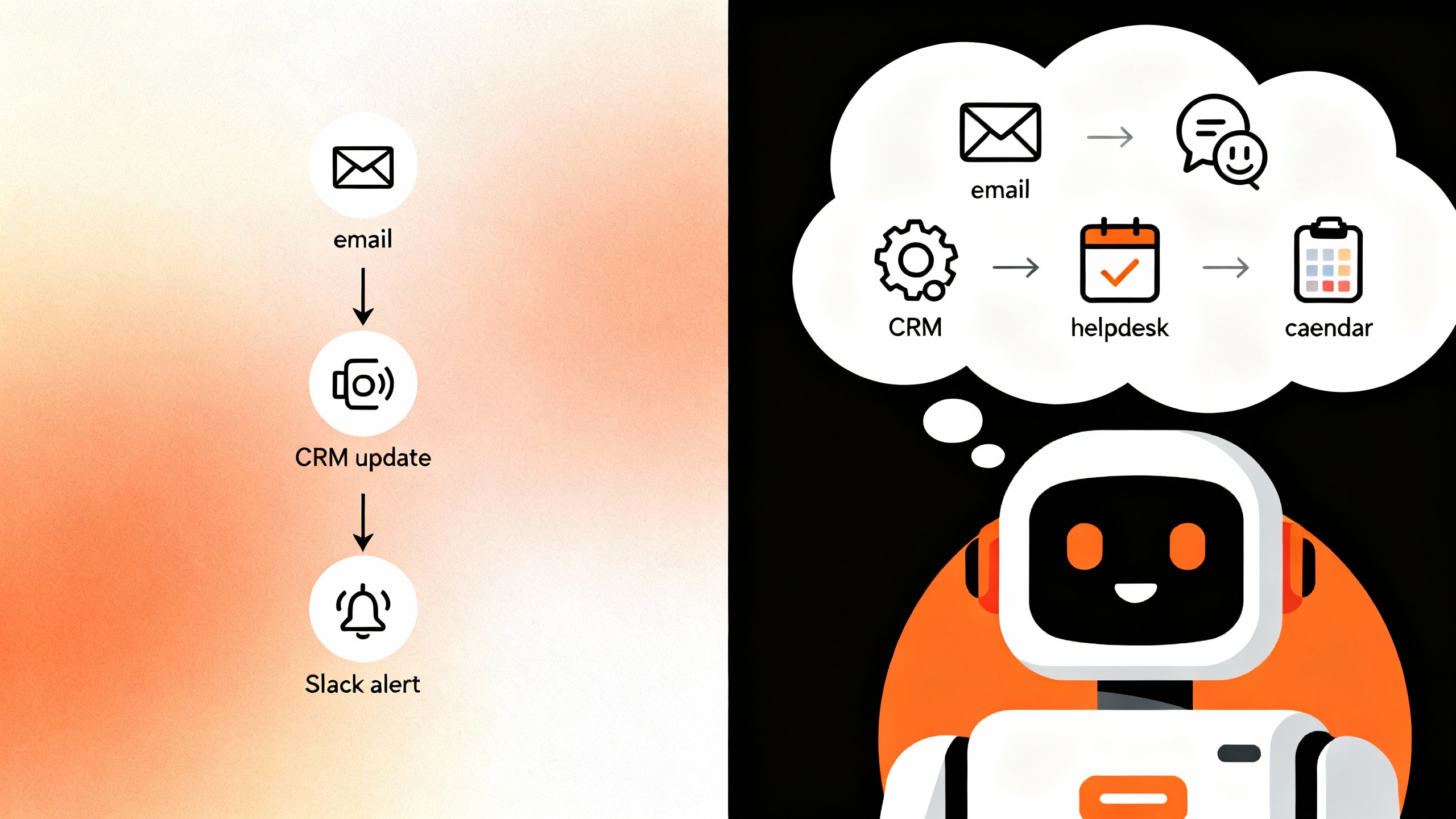 Split-screen concept: left shows a simple trigger-action workflow; right shows an AI agent planning multiple branching steps across apps.