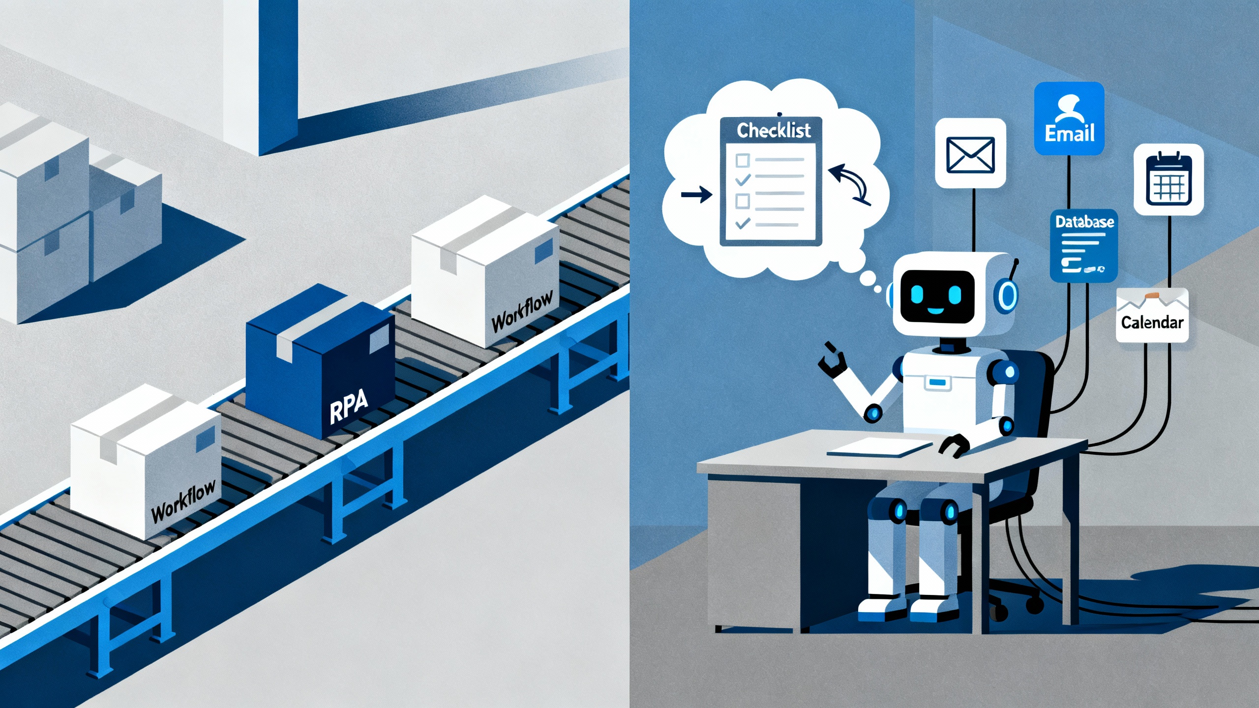 Split-screen: left shows a precise conveyor belt labeled workflow and RPA; right shows a friendly autonomous agent planning with a thought bubble and connecting to apps.