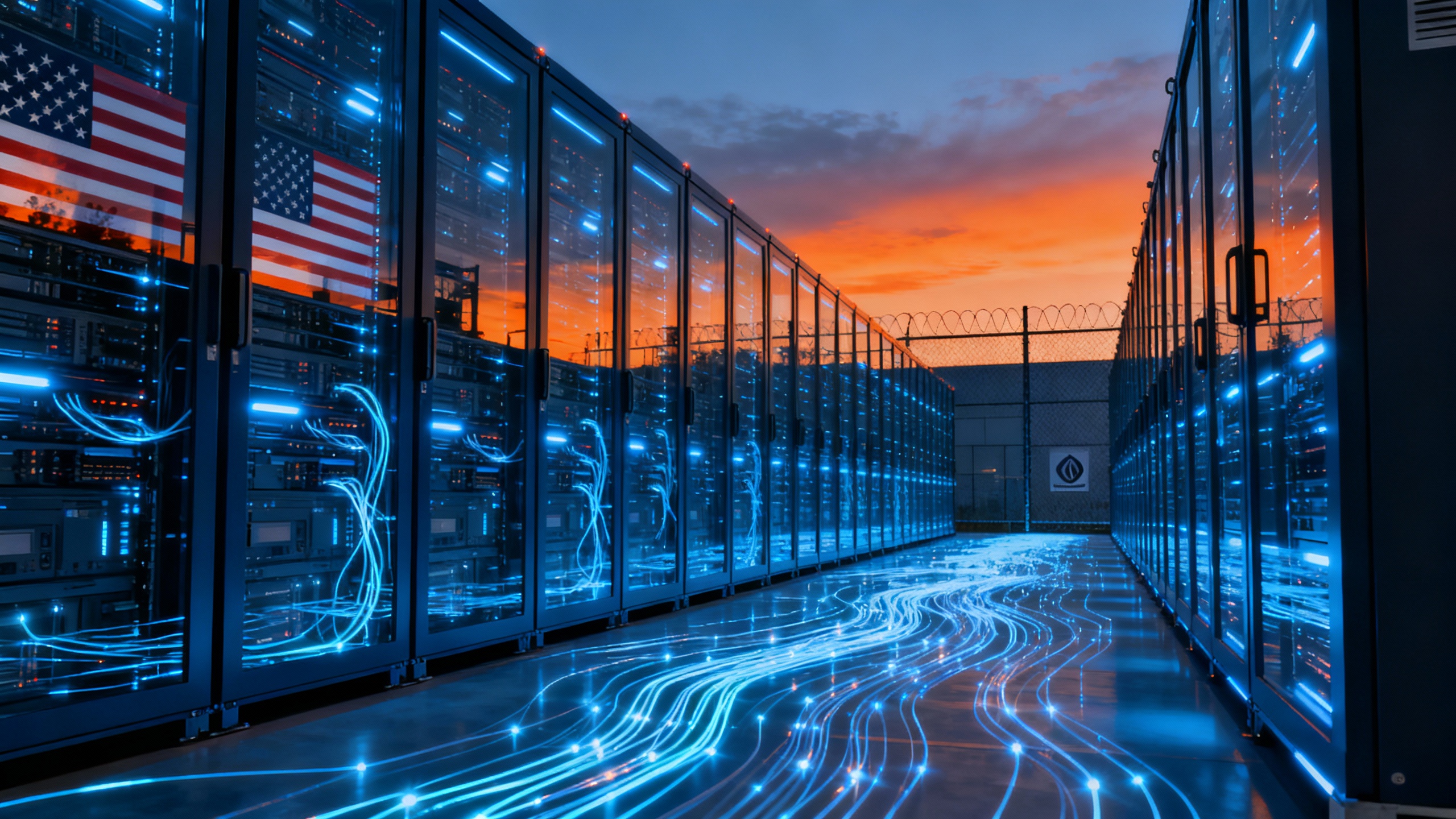 Air-gapped AWS government data centers with U.S. flag motif and AI/HPC servers