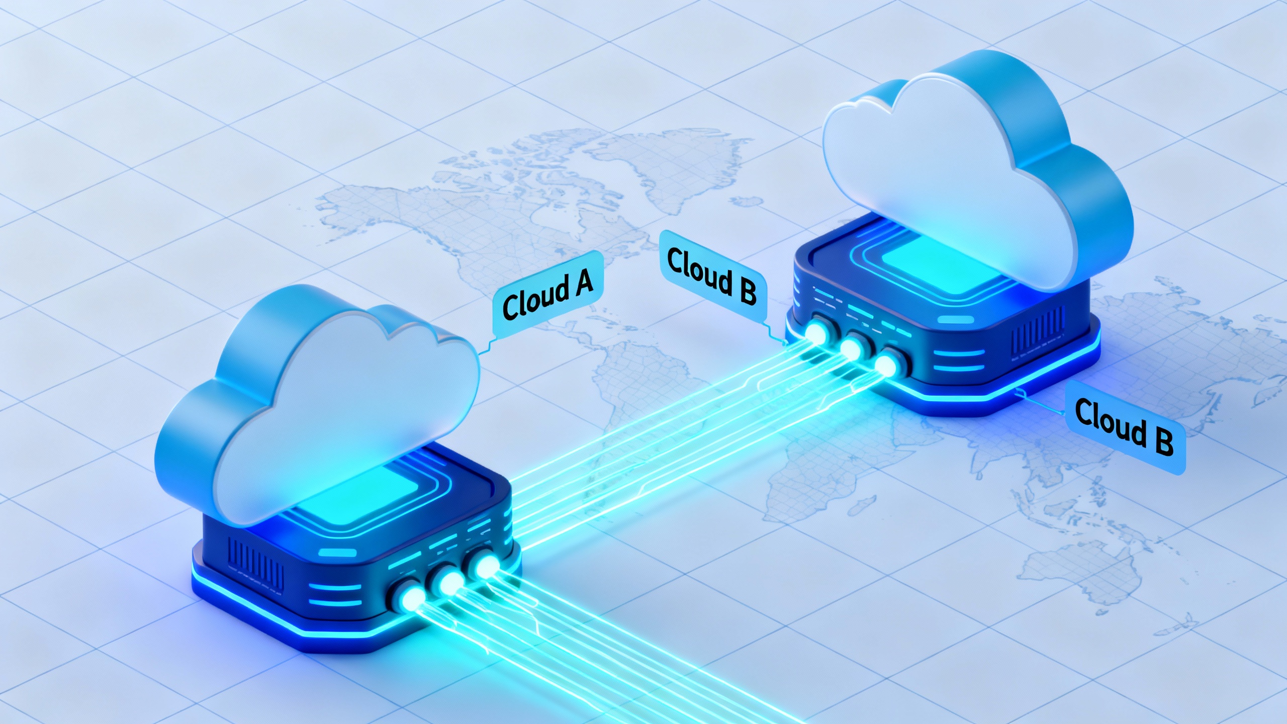 Conceptual diagram of two cloud regions connected by bright fiber links, symbolizing a managed multicloud network between providers.