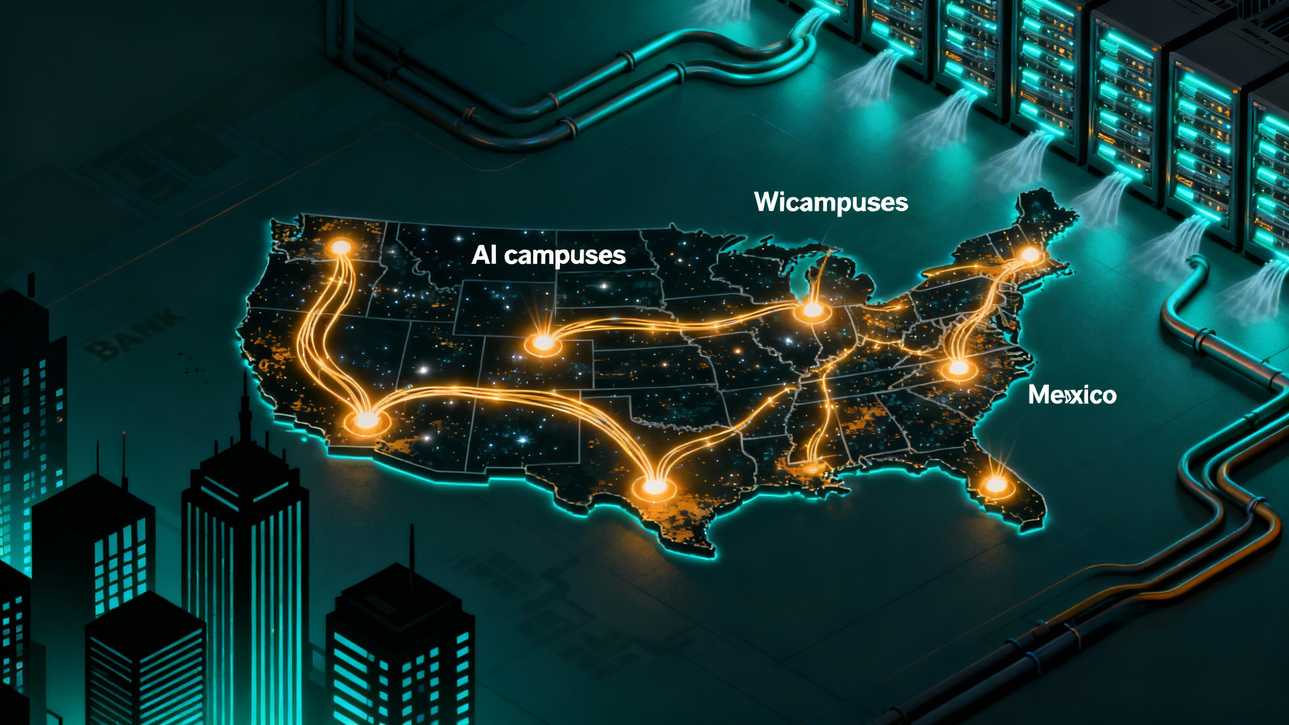 Conceptual illustration: a U.S. map with Texas, Wisconsin, and New Mexico glowing; fiber arcs connect to stylized bank skyscrapers and AI server icons