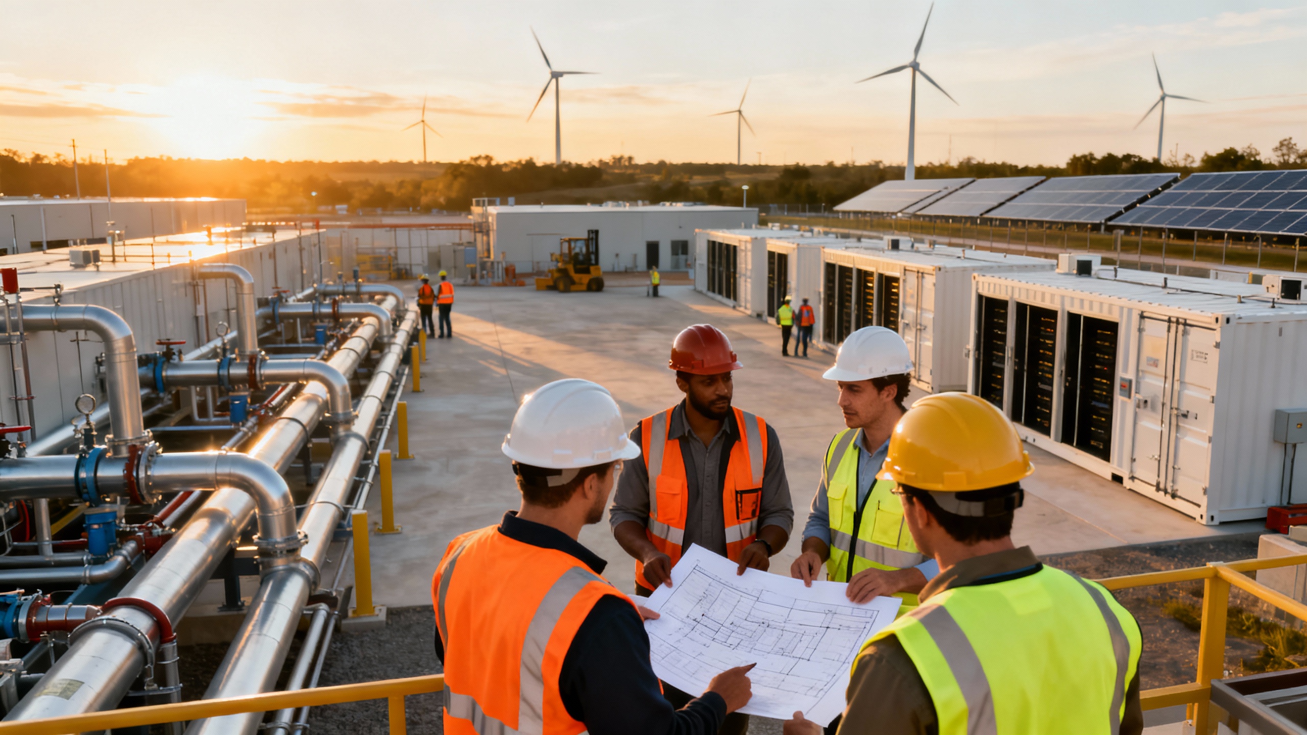 A modern, sustainable data center scene: liquid cooling manifolds, solar arrays, wind turbines, and battery containers in the background; diverse union tradespeople on site