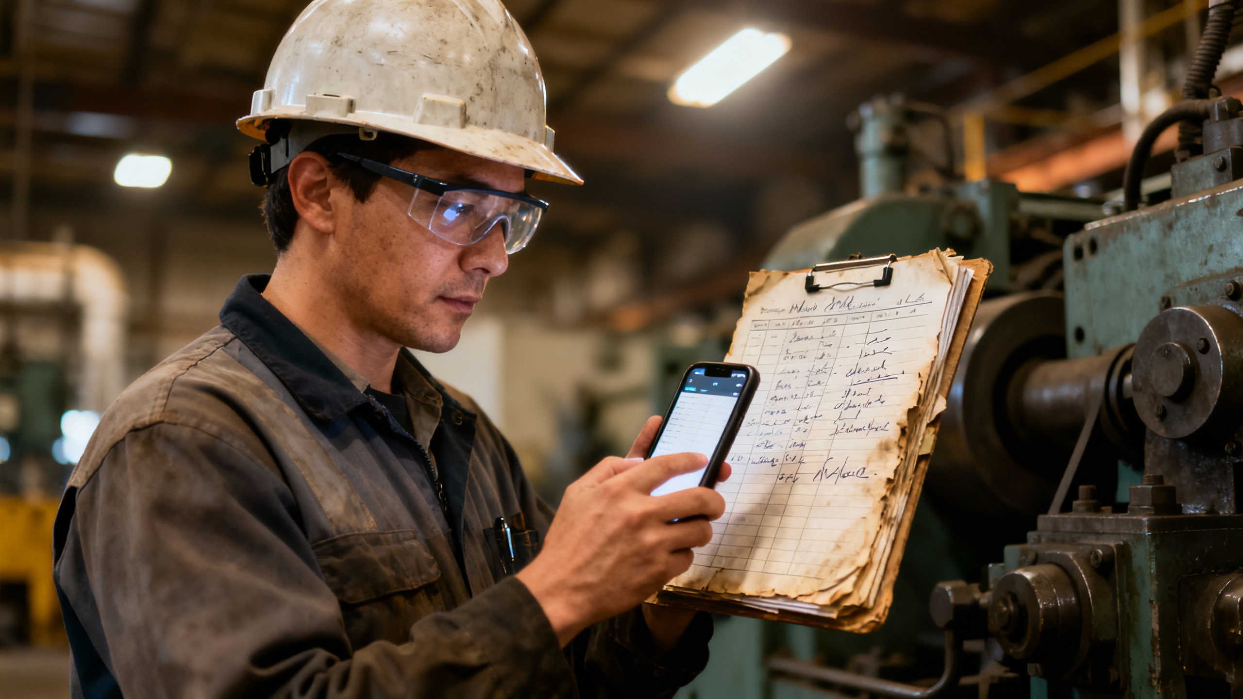Operator scanning a paper logbook with a mobile app in an industrial setting