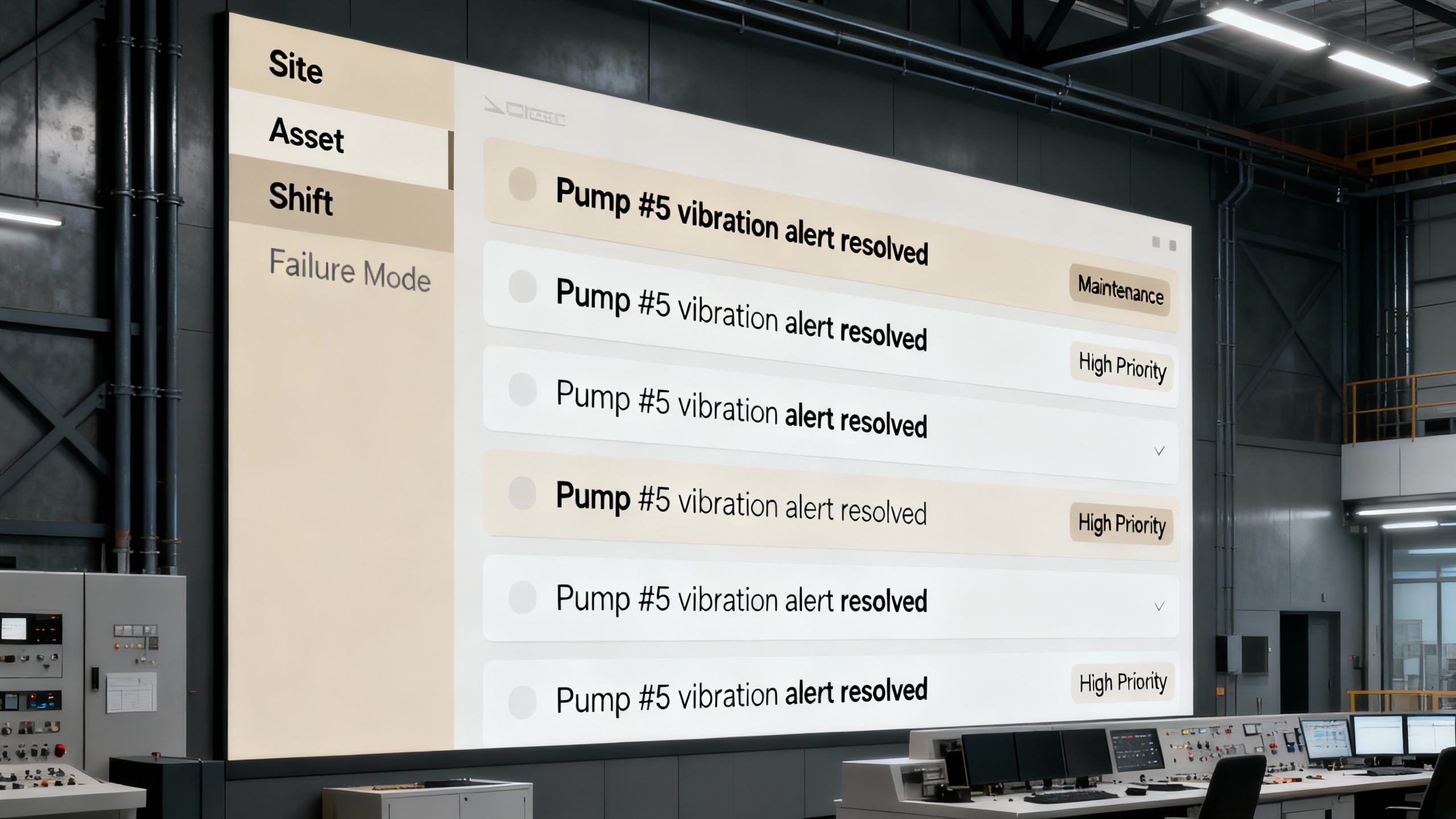 Clean knowledge base homepage showing filters for site, asset, shift, and failure mode