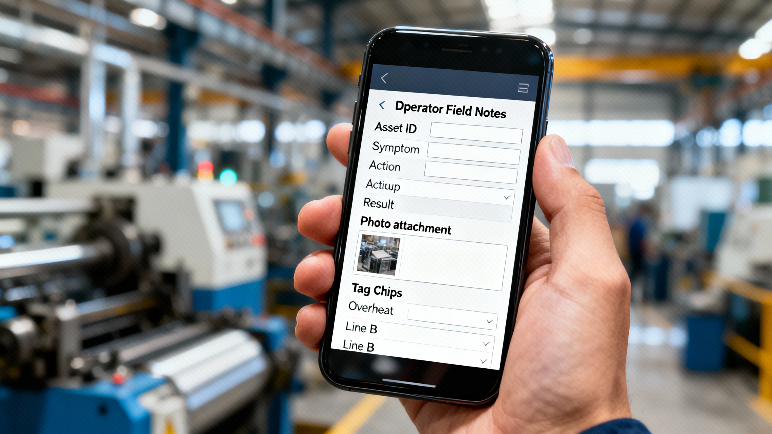 Mobile form template for operator field notes with asset, symptom, action, result, and tags