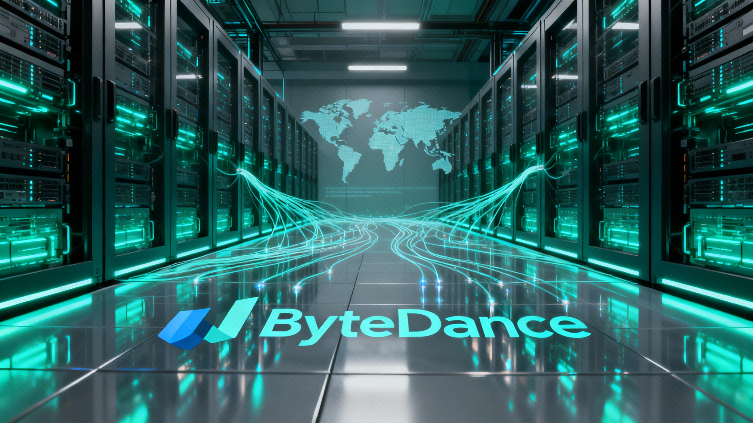 Editorial illustration of ByteDance’s planned AI build-out showing GPU-packed data centers, network fabric, and a subtle world map indicating overseas capacity.