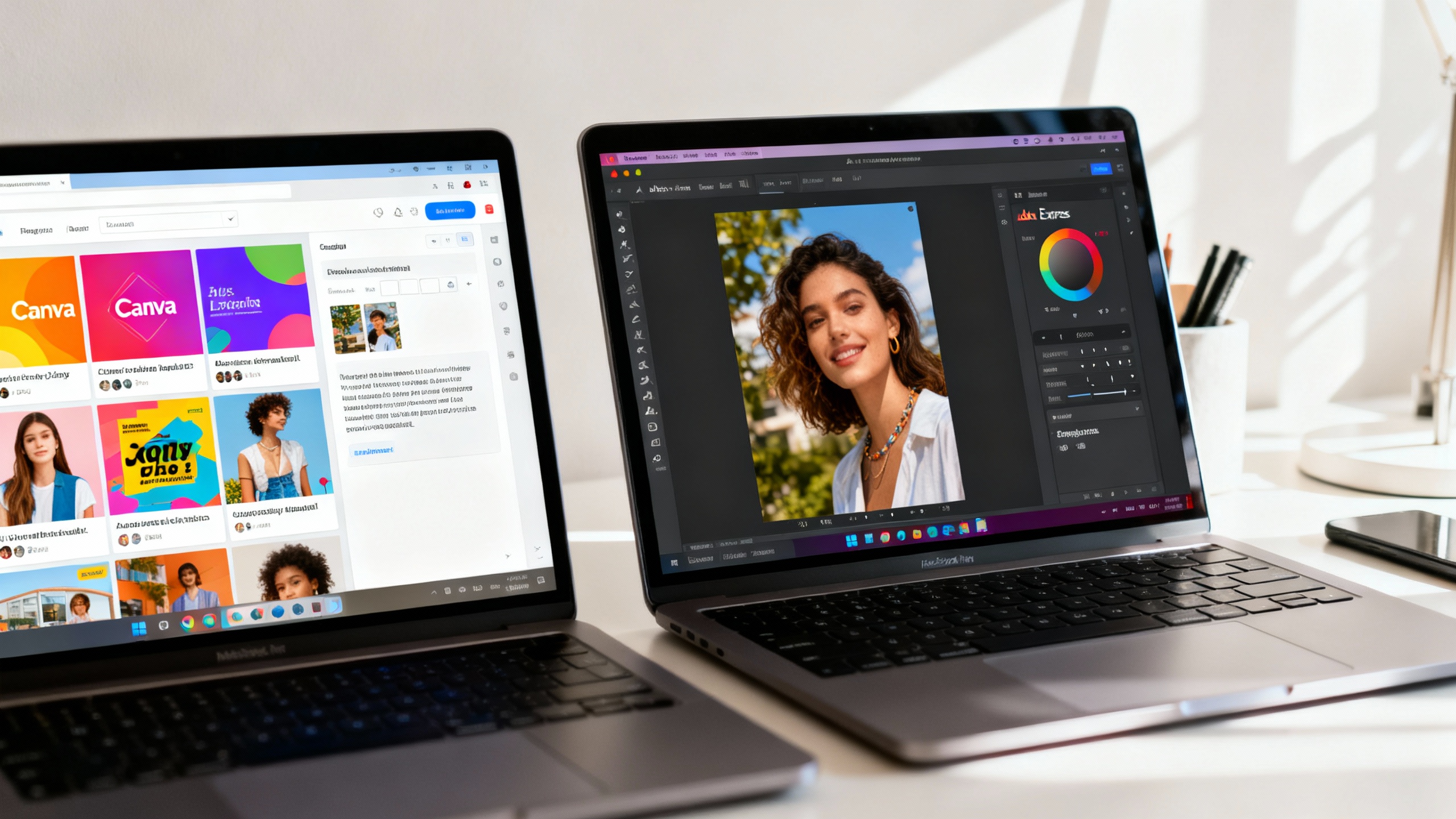 Side-by-side workspaces of Canva and Adobe Express showing AI text-to-image and template libraries