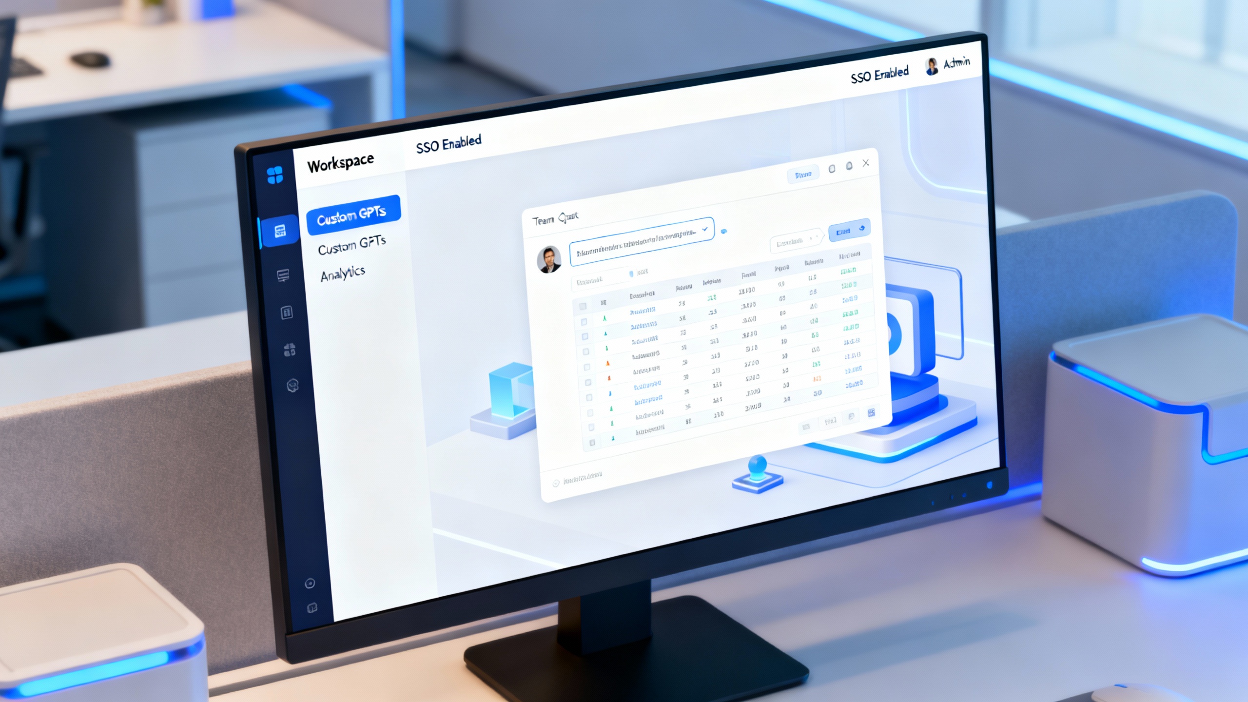 Conceptual view of an enterprise AI workspace showing admin controls, SSO badge, usage analytics, and a shared GPTs library.