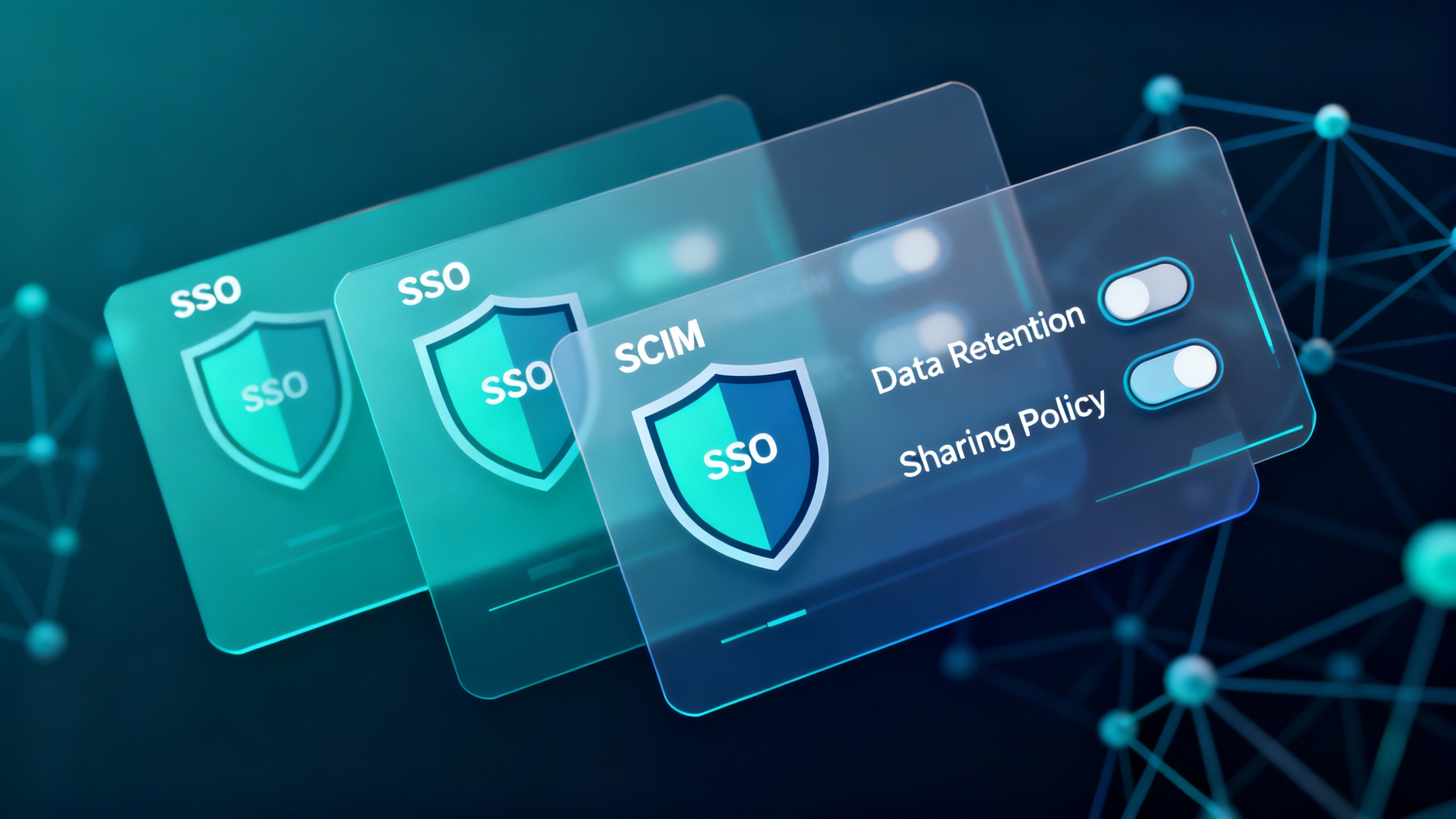 Stylized security and governance concept: shield icons, SSO/SCIM labels, and policy toggles overlaying a collaborative AI workspace.