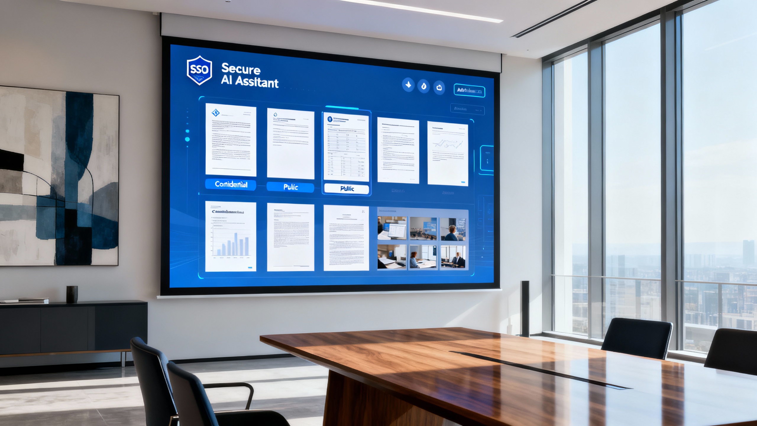 A modern team workspace with a secure AI assistant summarizing documents, showing admin controls and data classification labels