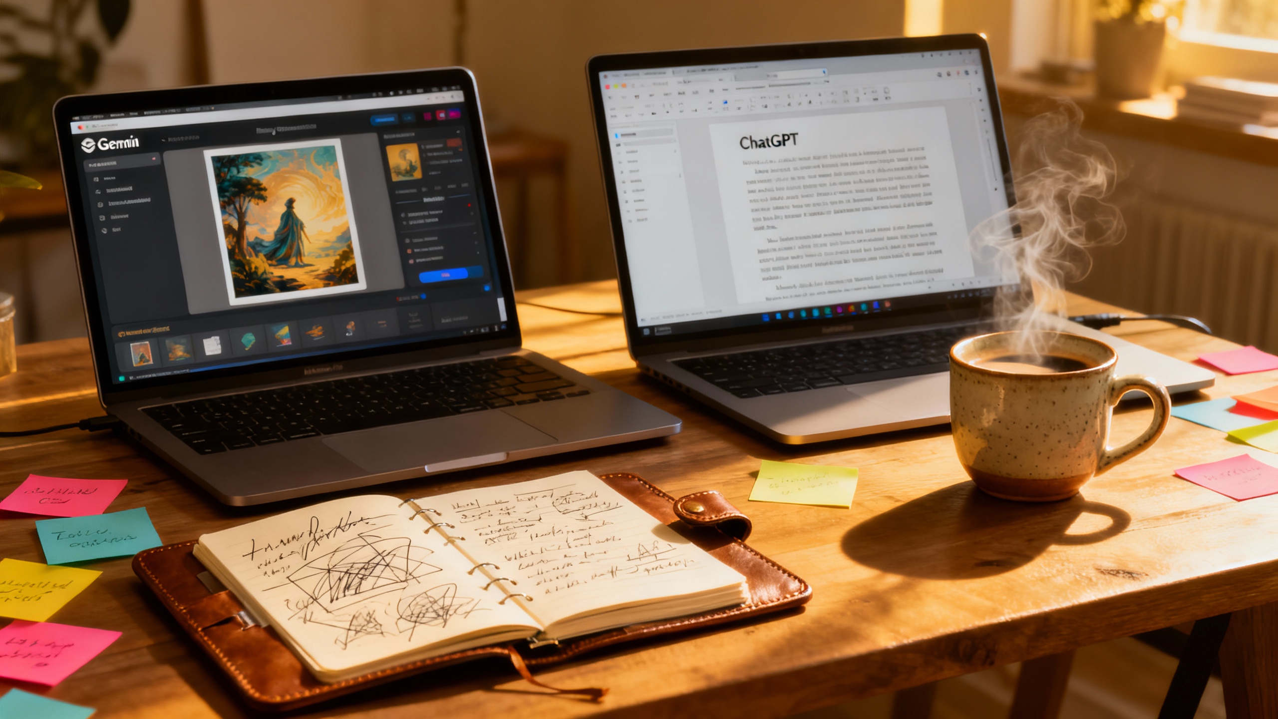 A creator’s desk with two open laptops: one showing a Gemini research summary, the other a polished ChatGPT draft
