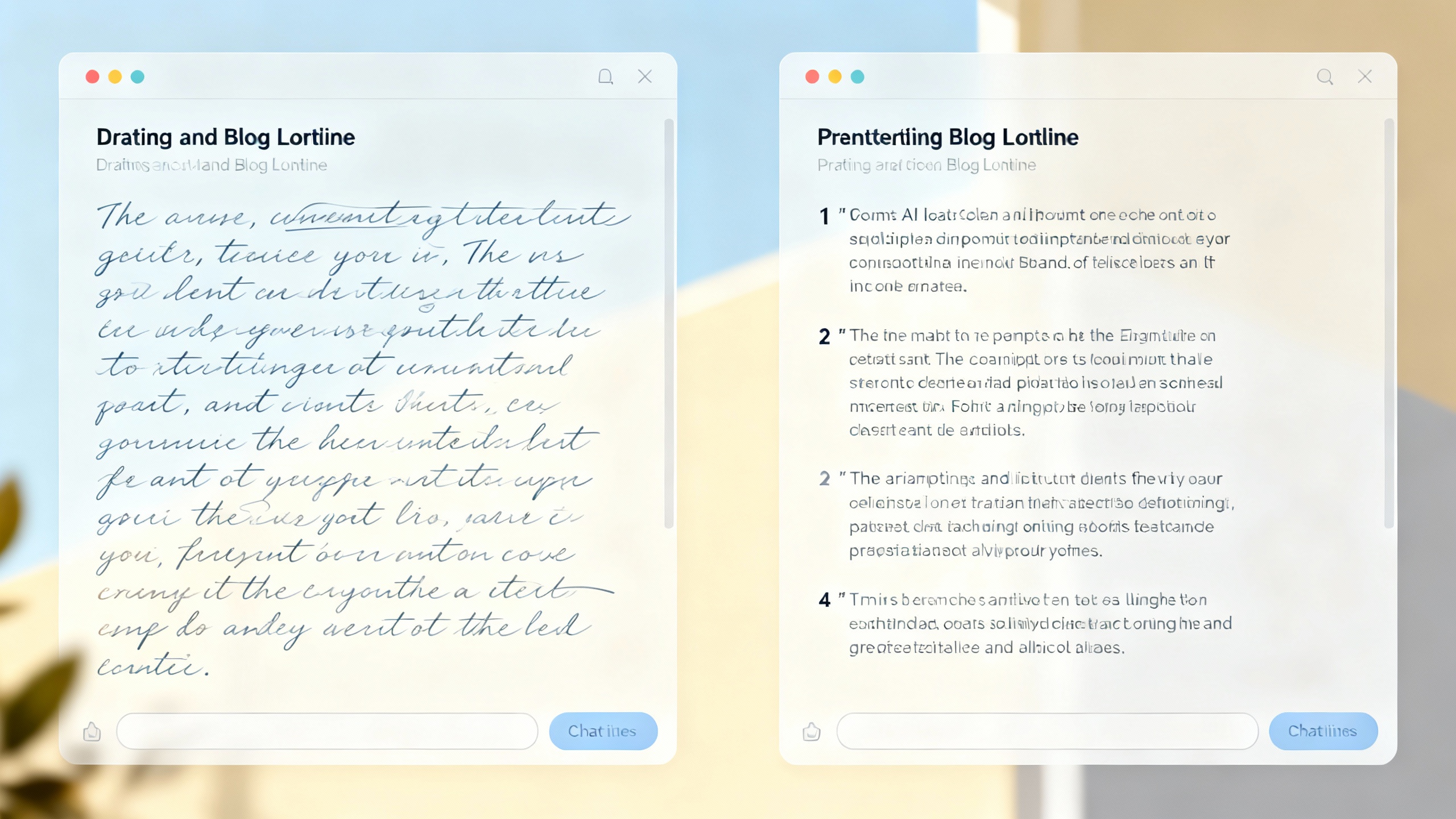 Split-screen concept: two AI chat windows drafting a blog outline, visually showing differences in tone and structure.
