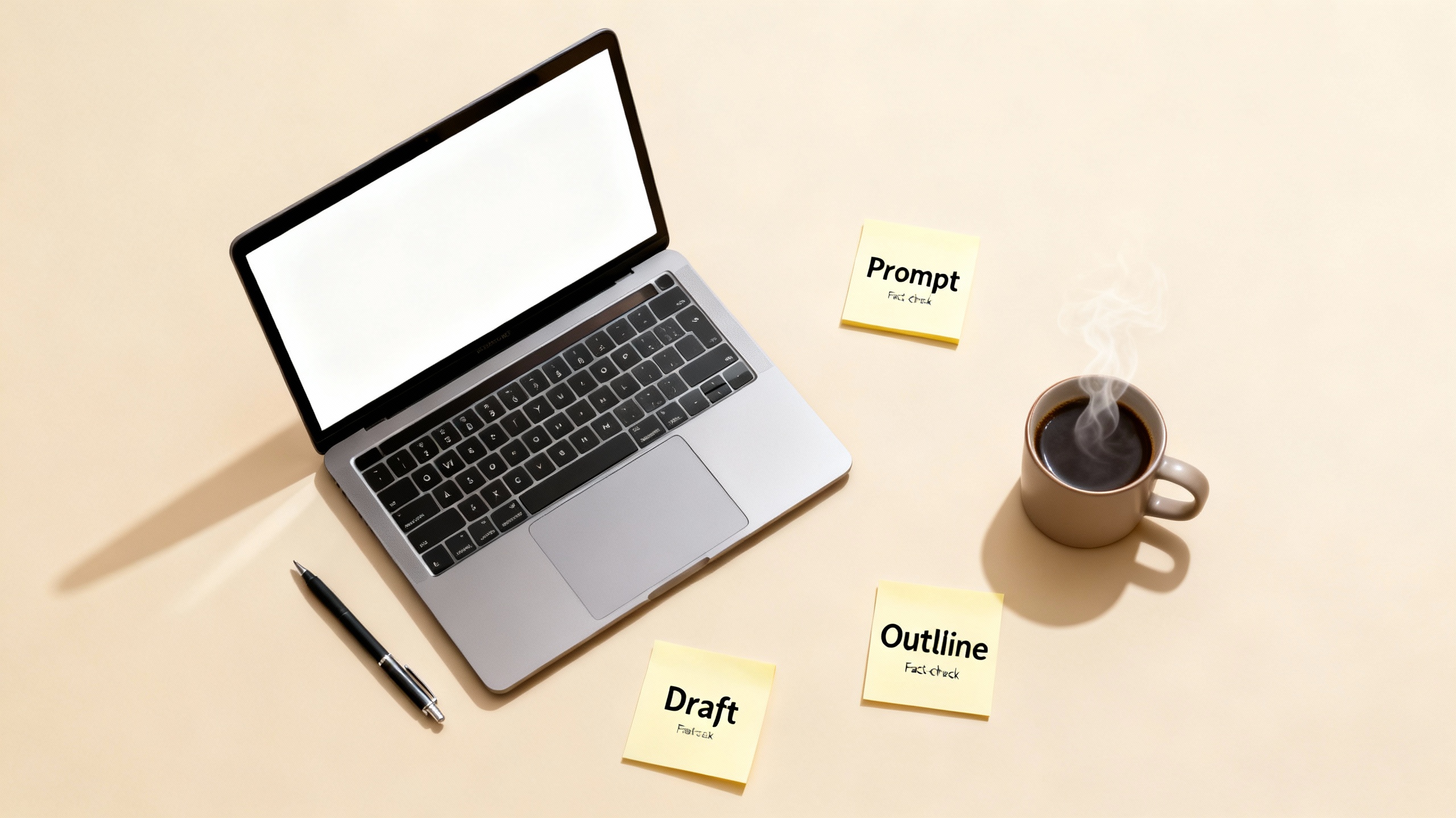 Overhead desk scene: a simple content workflow—prompt, outline, draft, fact-check—shown on sticky notes around a laptop.
