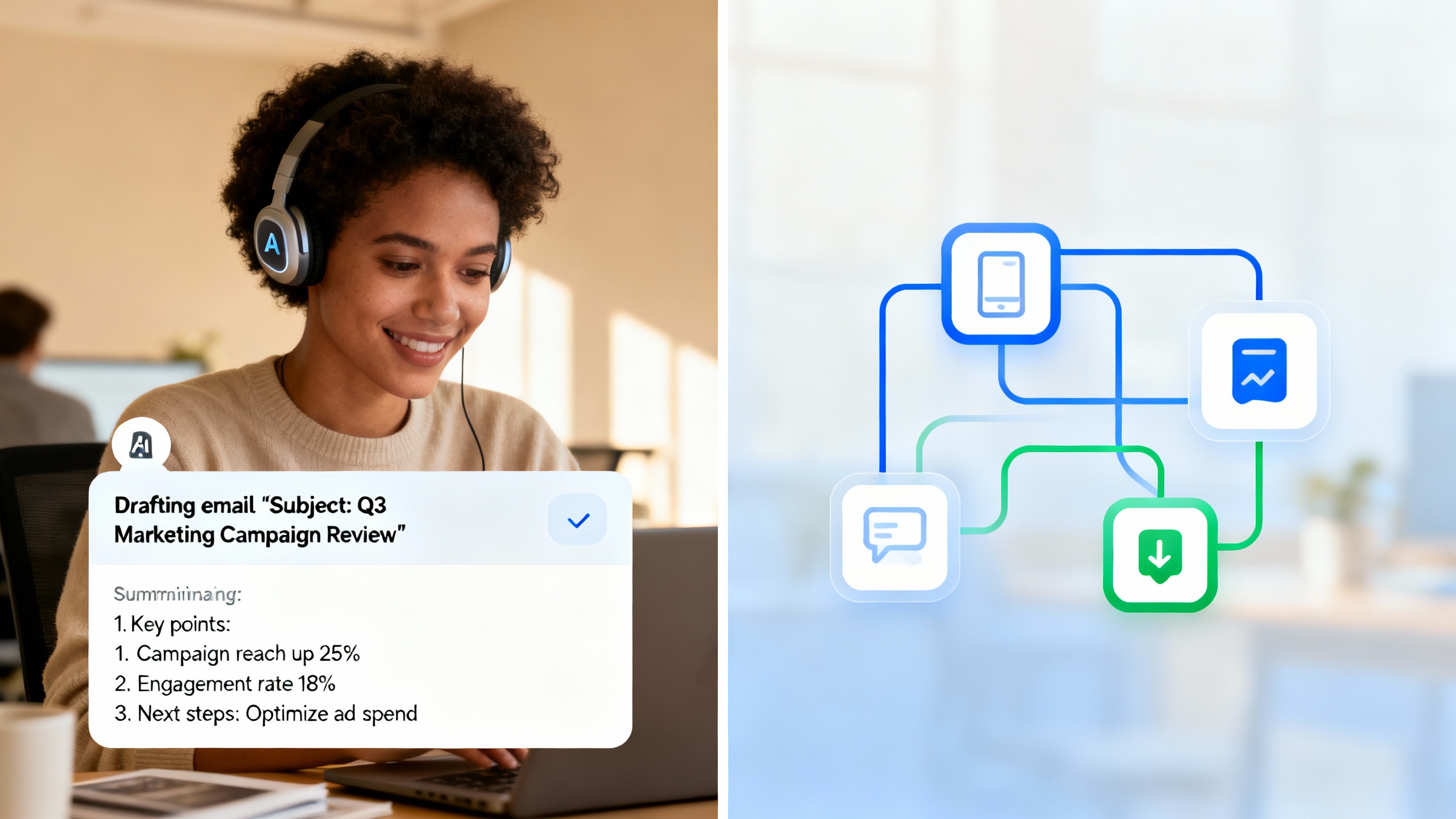 Side-by-side concept: a chat-style AI assistant composing text and a visual automation builder connecting apps with colored lines.