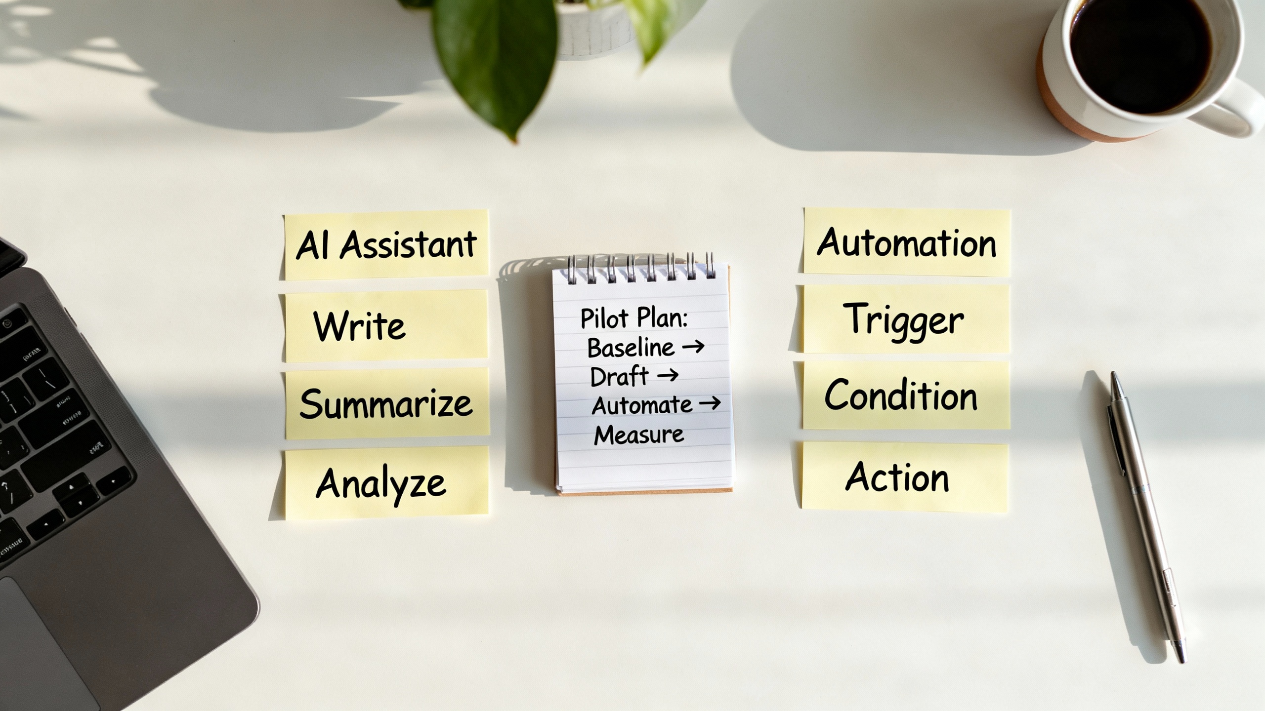 Top-down desk with sticky notes dividing tasks: AI for 'Write/Summarize/Analyze' and Automation for 'Trigger/Condition/Action', plus a small pilot plan.