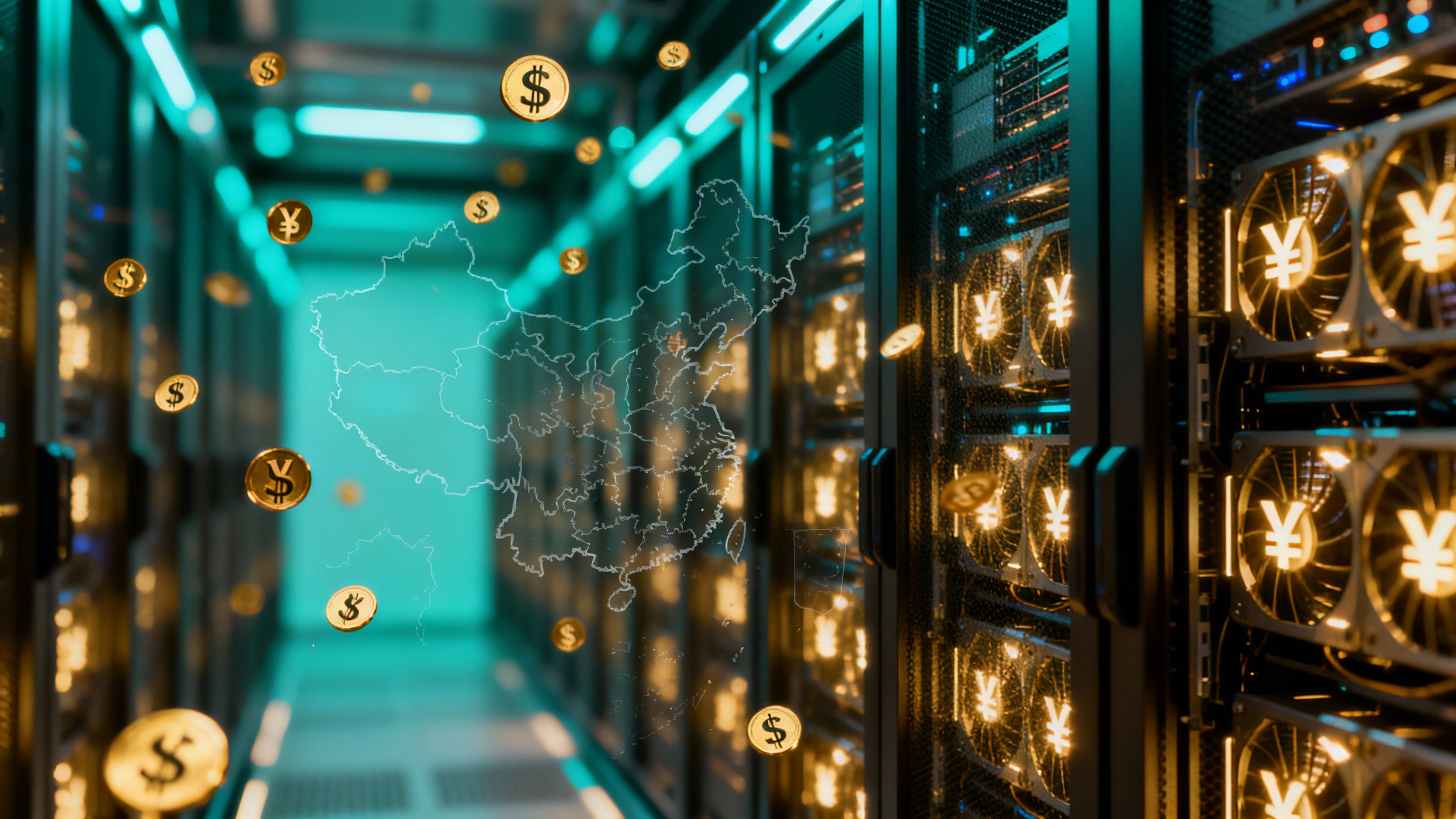 A modern data center with stylized GPU racks, a soft overlay of yuan and dollar currency symbols, and a subtle map silhouette of China and Taiwan to suggest supply chain links