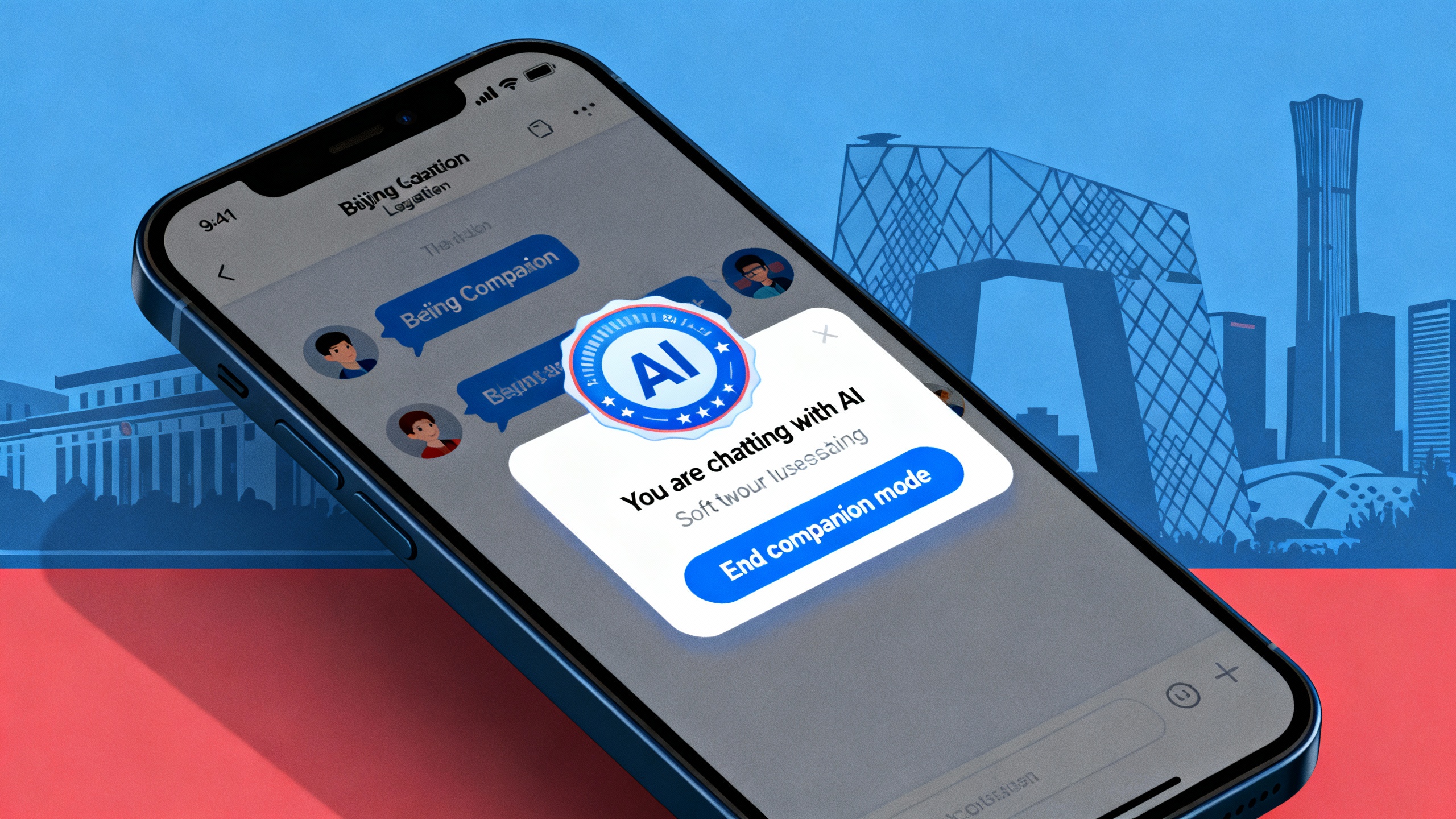 Editorial illustration of a smartphone chat with an AI companion showing a clear 'You are chatting with AI' badge and a two-hour usage reminder pop-up, with a subtle backdrop of a Chinese government building silhouette to suggest regulation
