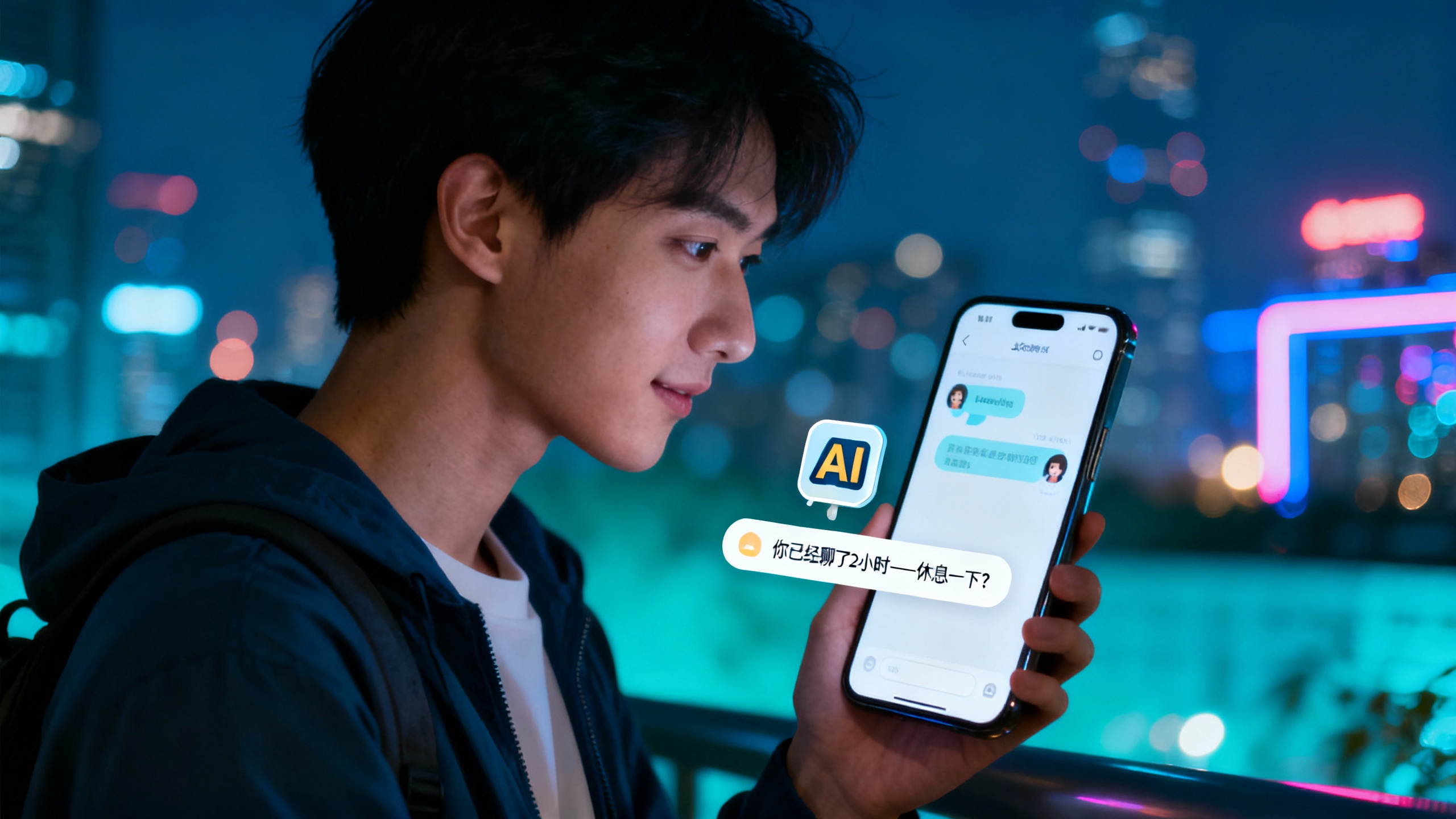 A person in Beijing holding a smartphone with a friendly AI companion UI; an 'AI' identity badge is visible along with a pop‑up reminding the user to take a break after two hours of continuous use.